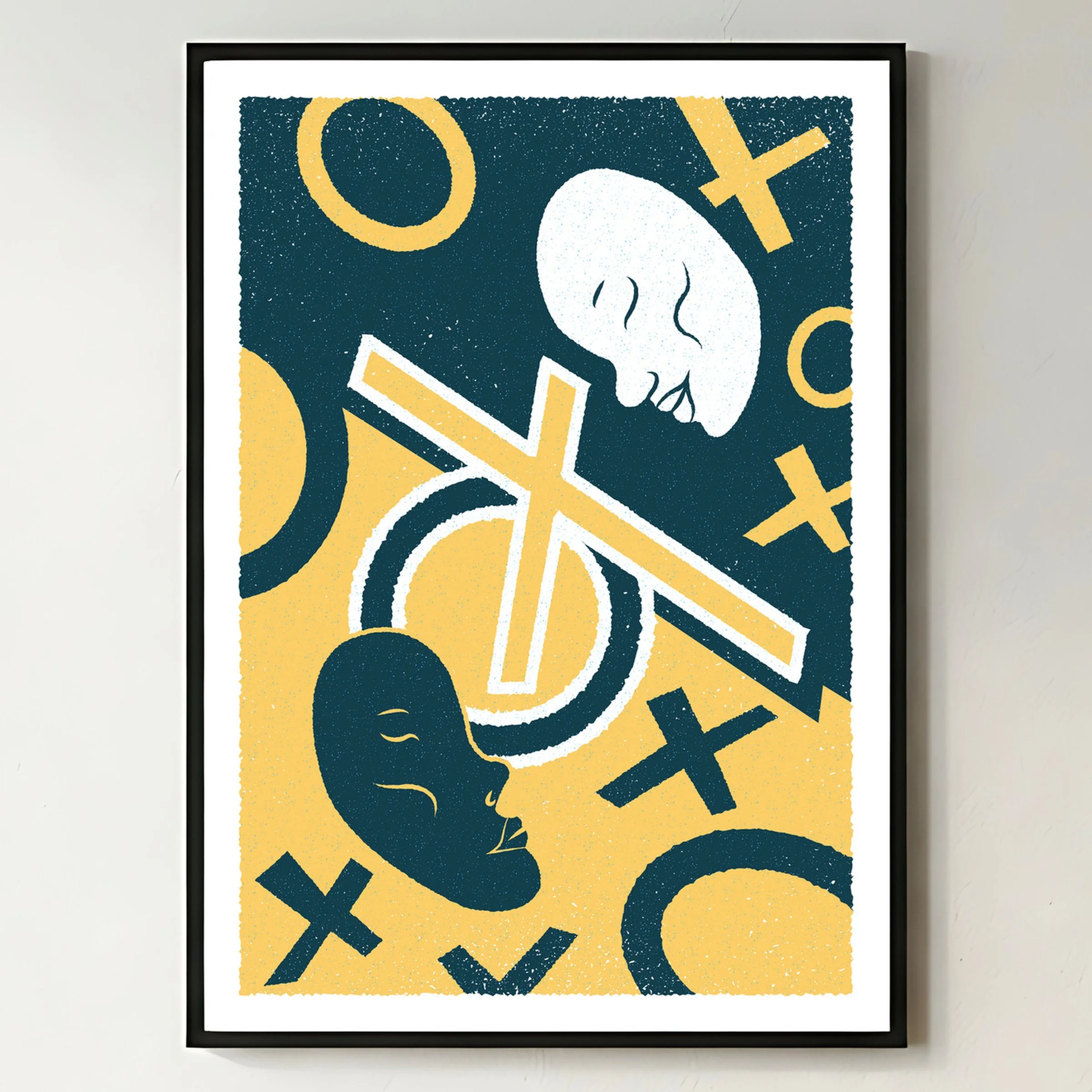 The Dividing Line - Two Faces Art Print, shown in a black frame on a bright wall. Print supplied unframed.