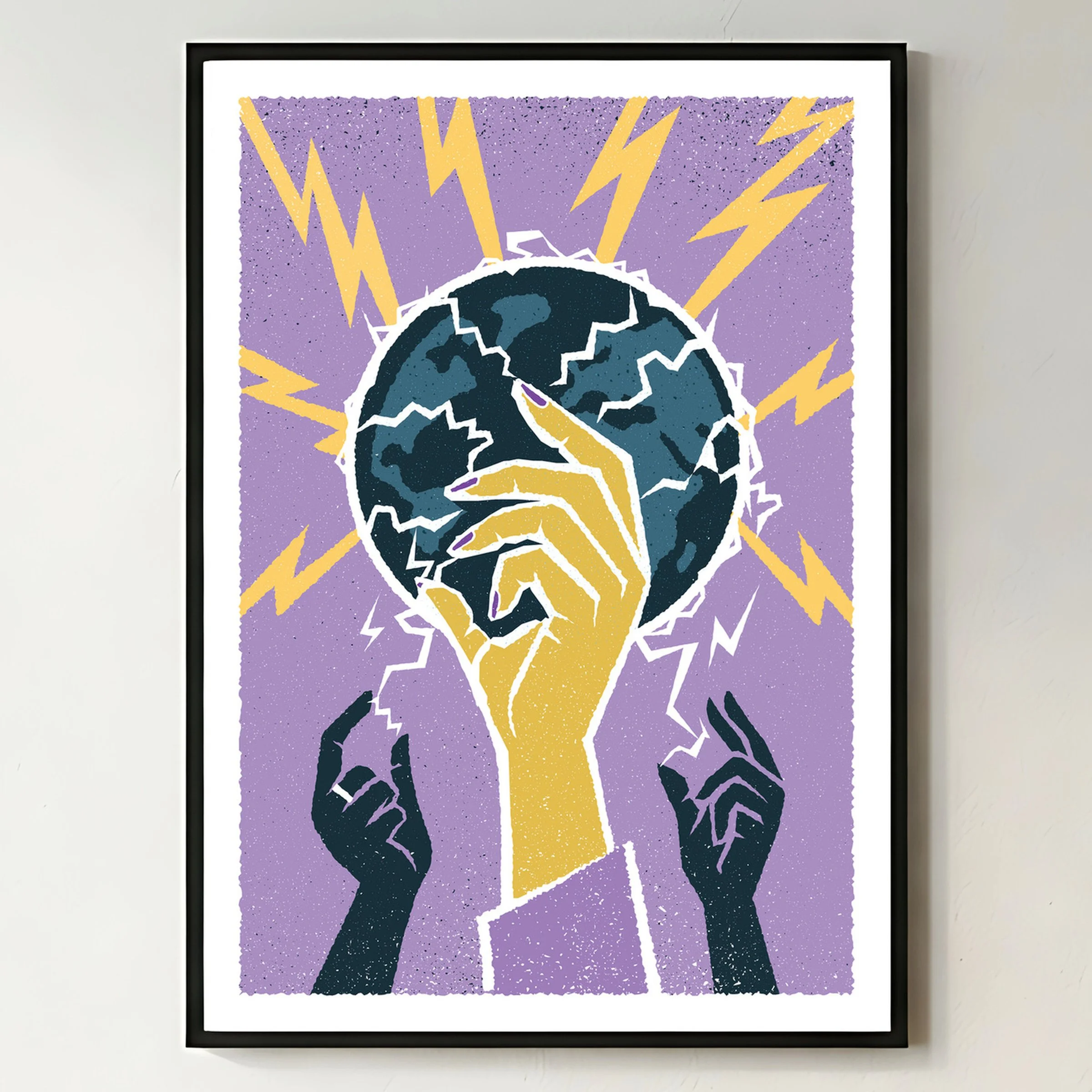 Who Holds It Now - Lightning & Globe Art Print, shown in a black frame on a bright wall. Print supplied unframed.