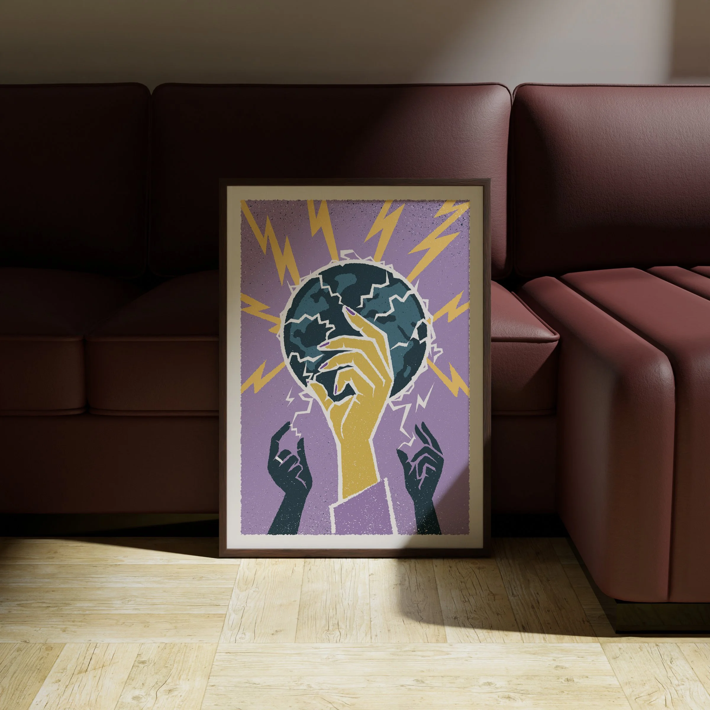 Who Holds It Now - Lightning & Globe Art Print, shown in a dark frame above a warm sofa. Print supplied unframed.