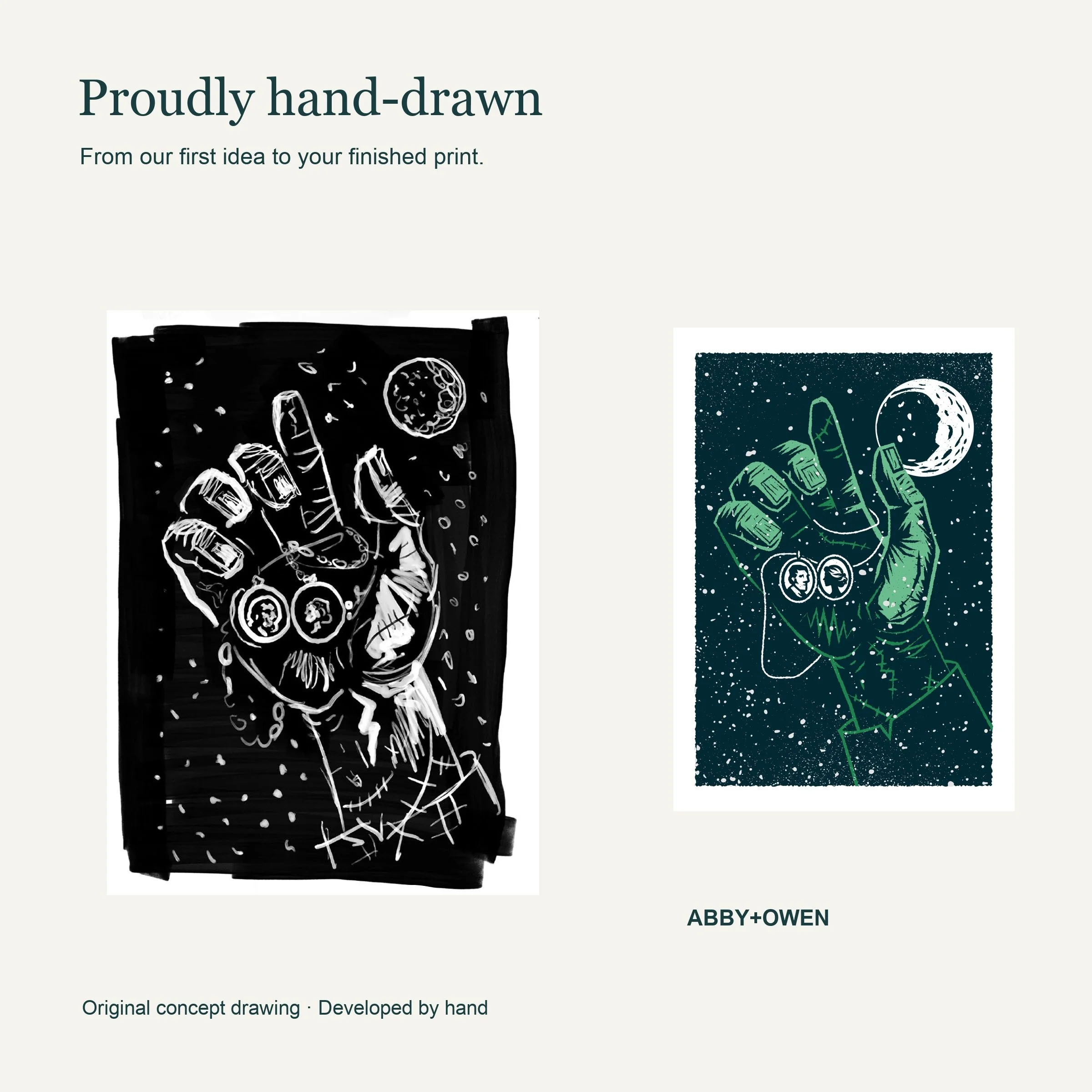 Original hand-drawn concept sketch beside the finished The Spark - Frankenstein Art Print illustration by Abby+Owen.