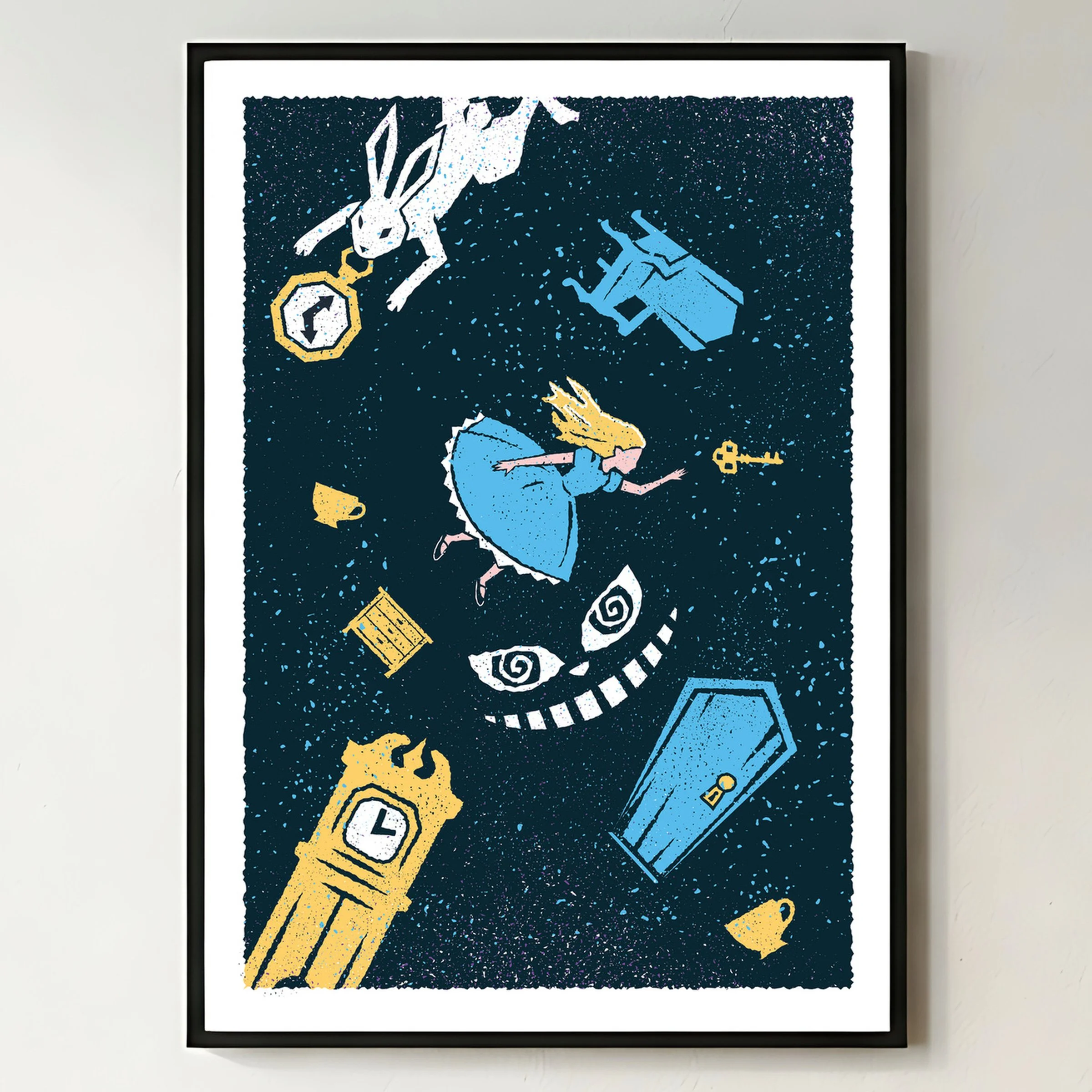 Curiouser and Curiouser - Wonderland Art Print, shown in a black frame on a bright wall. Print supplied unframed.