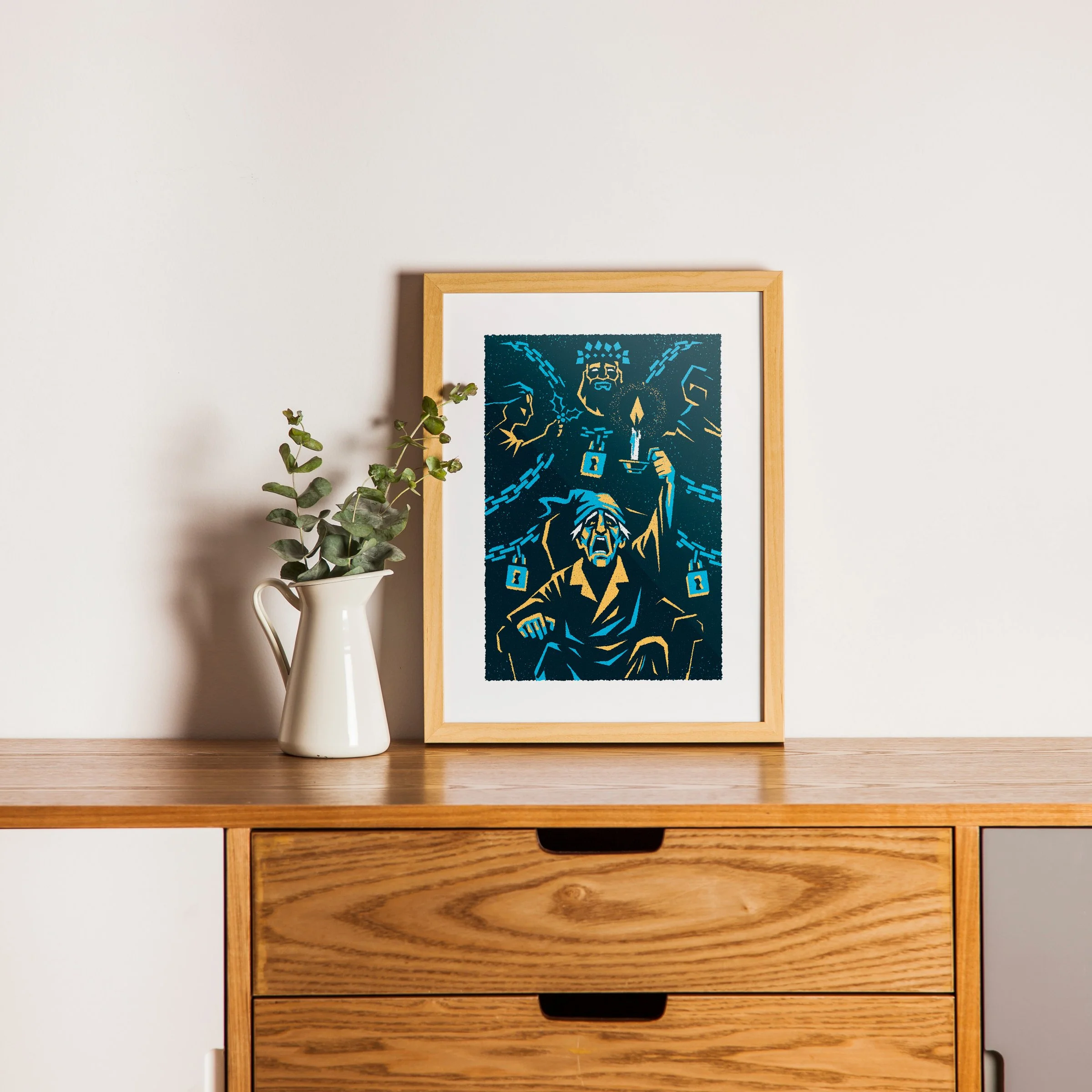 Bah Humbug - A Christmas Carol Art Print, shown in a oak frame above an oak cabinet. Print supplied unframed.