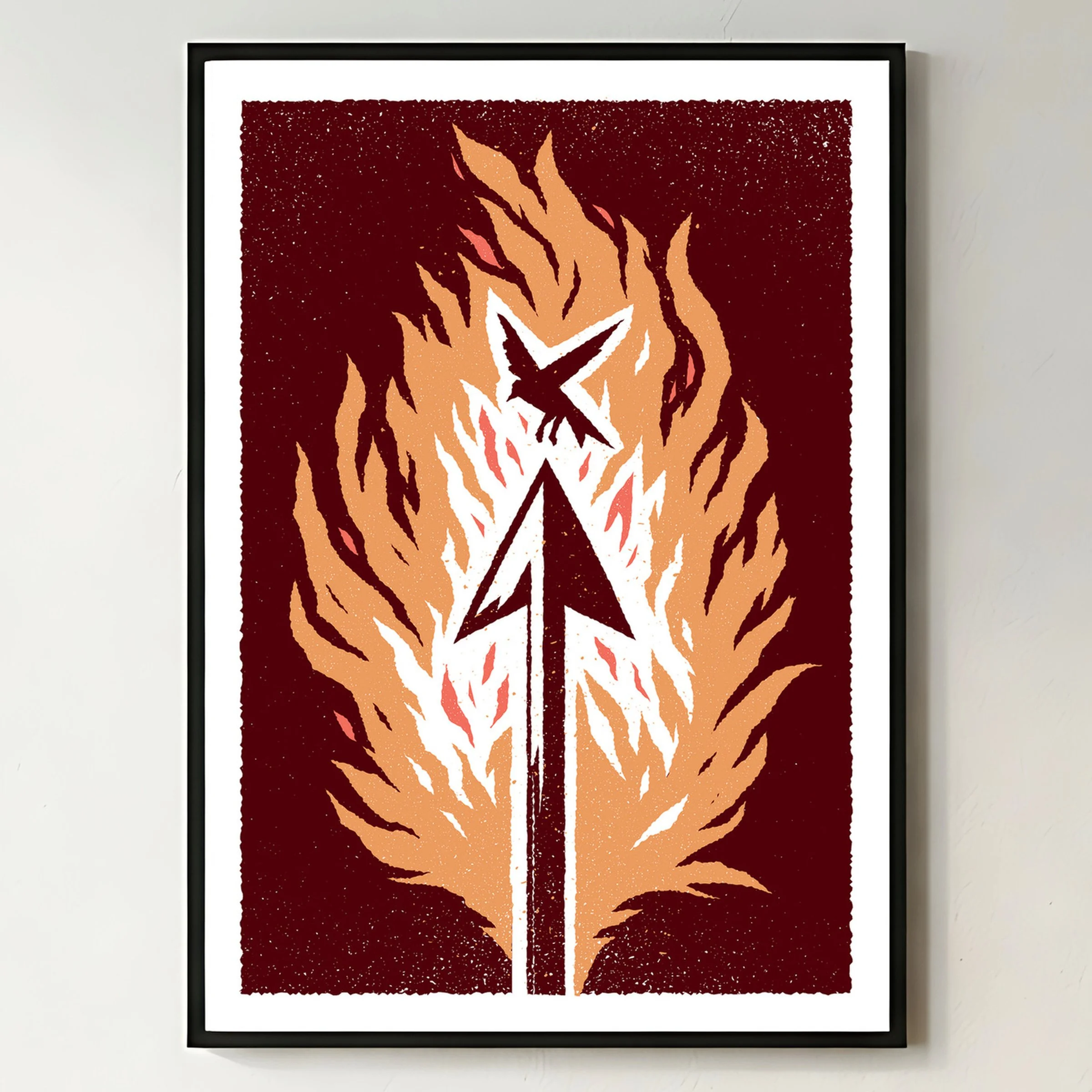 The Shot That Matters - Flaming Arrow Art Print, shown in a black frame on a bright wall. Print supplied unframed.