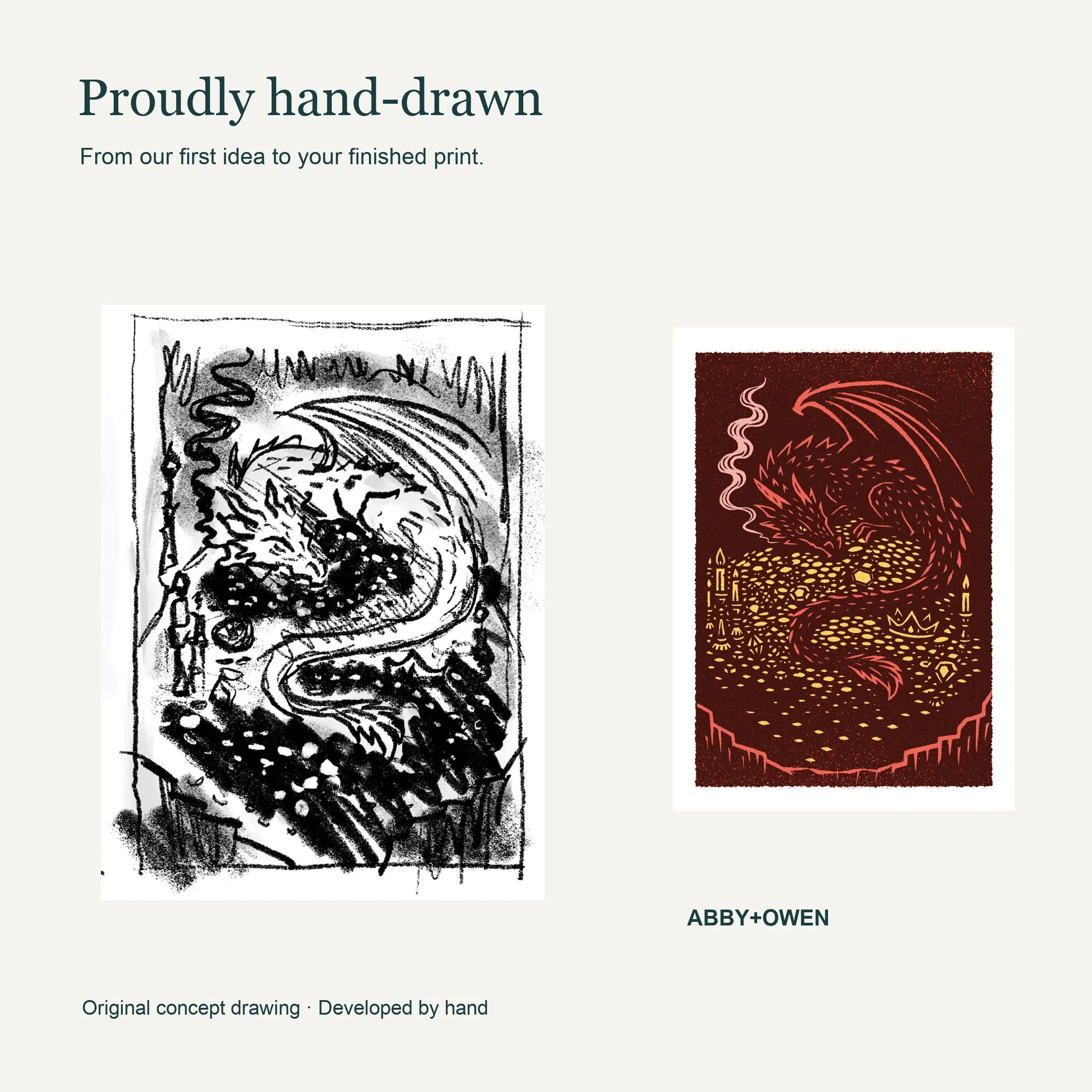 Original hand-drawn concept sketch beside the finished The Hoard - Dragon Art Print illustration by Abby+Owen.