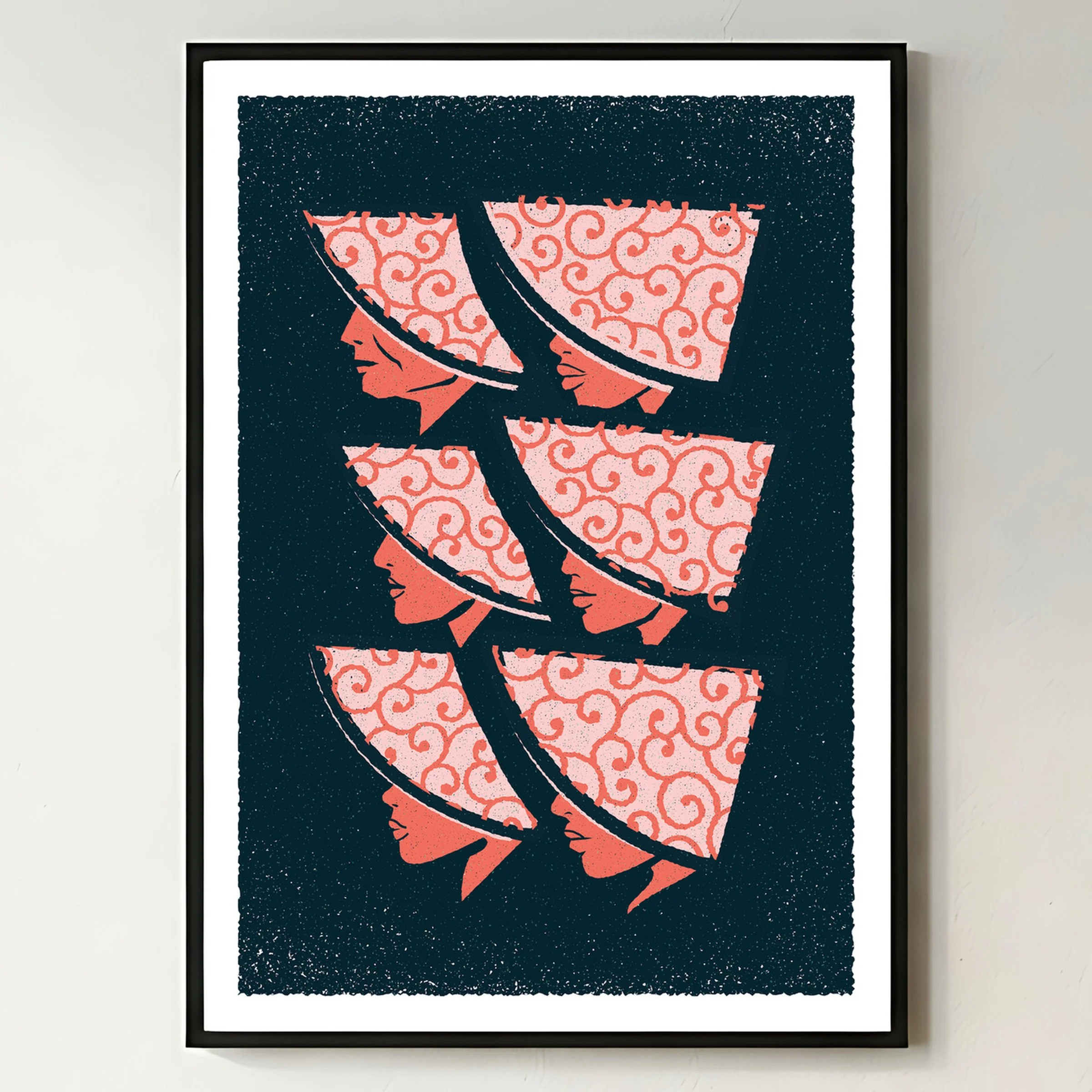 What Is Taken Away - Repeating Profiles Art Print, shown in a black frame on a bright wall. Print supplied unframed.