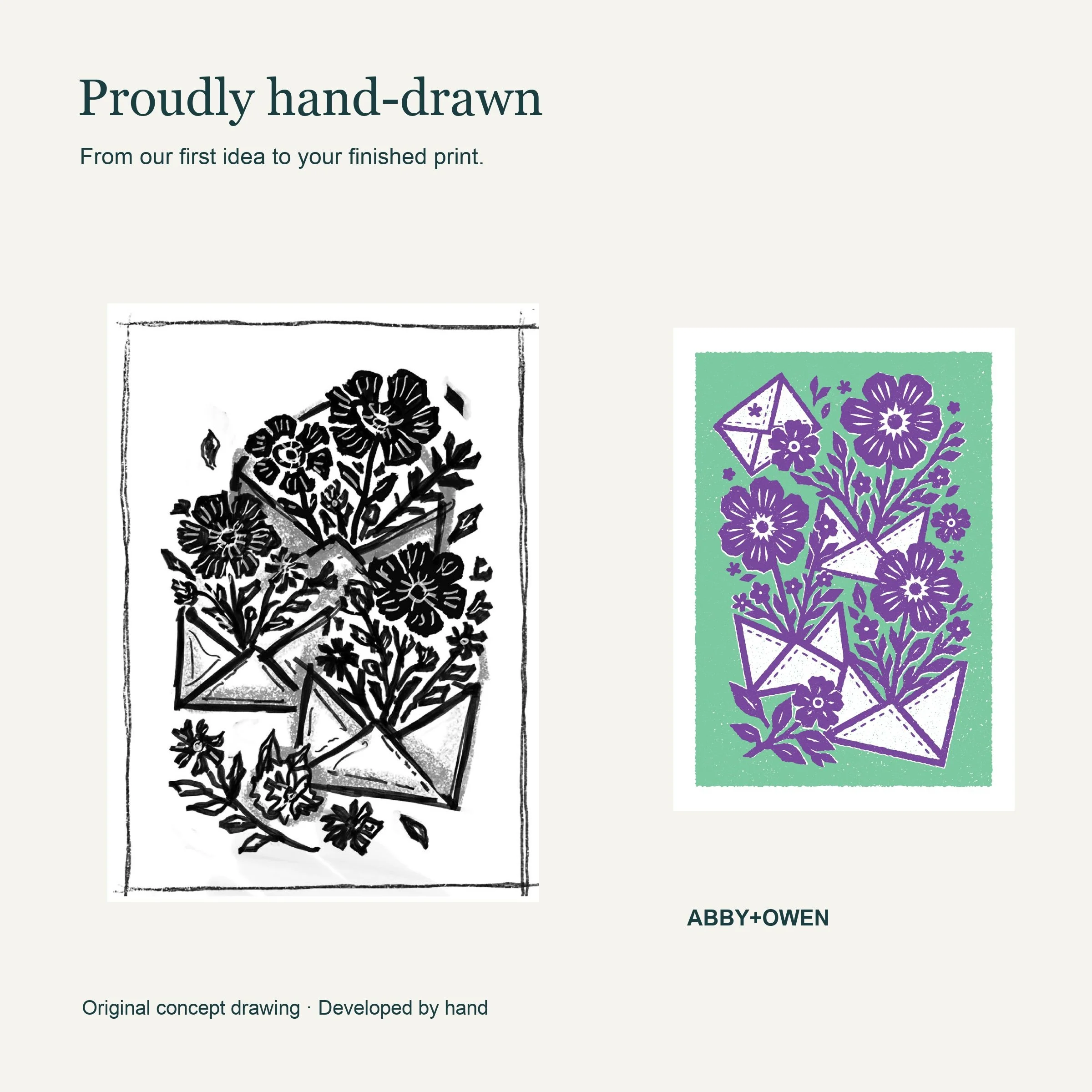 Original hand-drawn concept sketch beside the finished A Colour Worth Noticing - Flowers & Letters Art Print illustration by Abby+Owen.