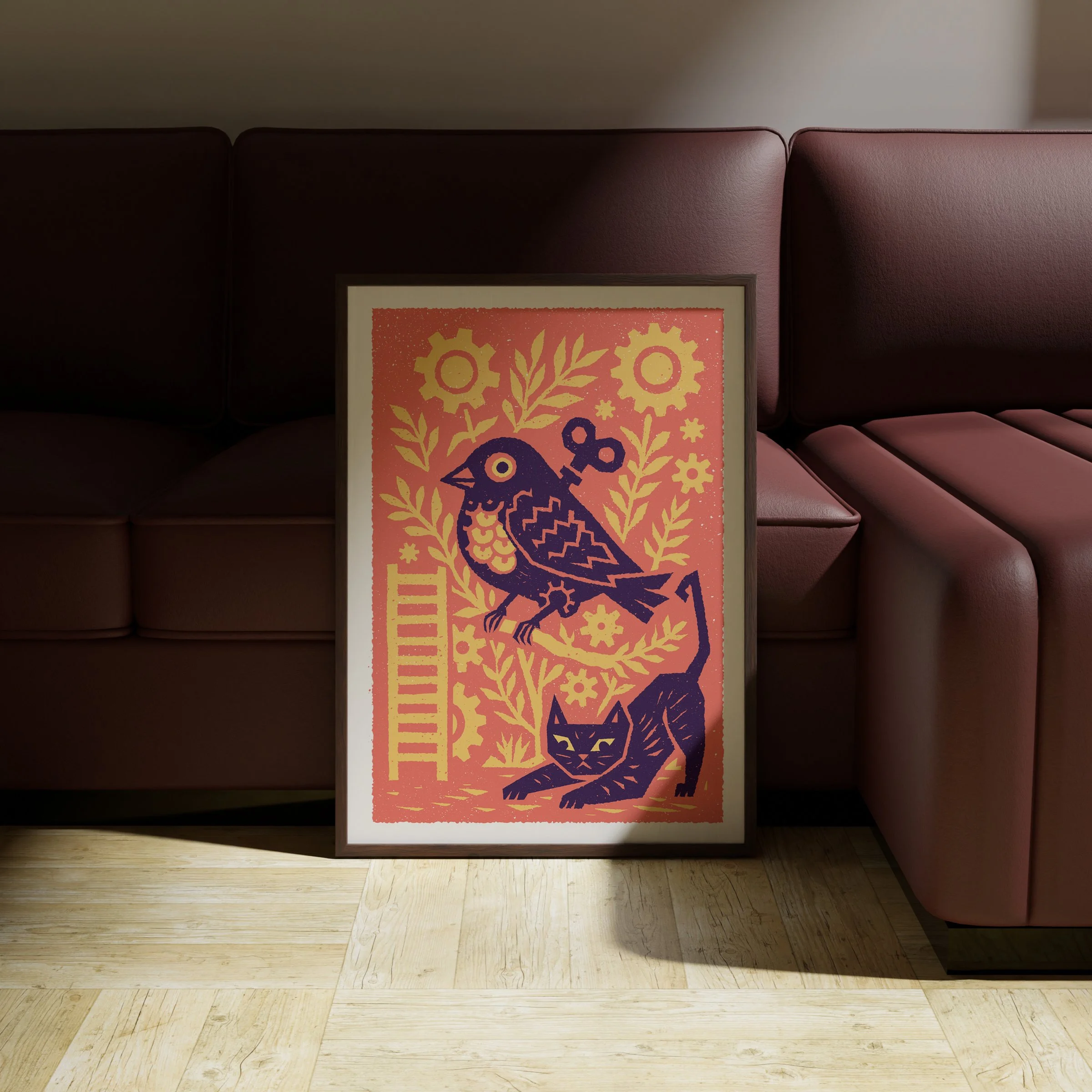 A Slipped Mechanism - Wind-Up Bird Art Print, shown in a dark frame above a warm sofa. Print supplied unframed.