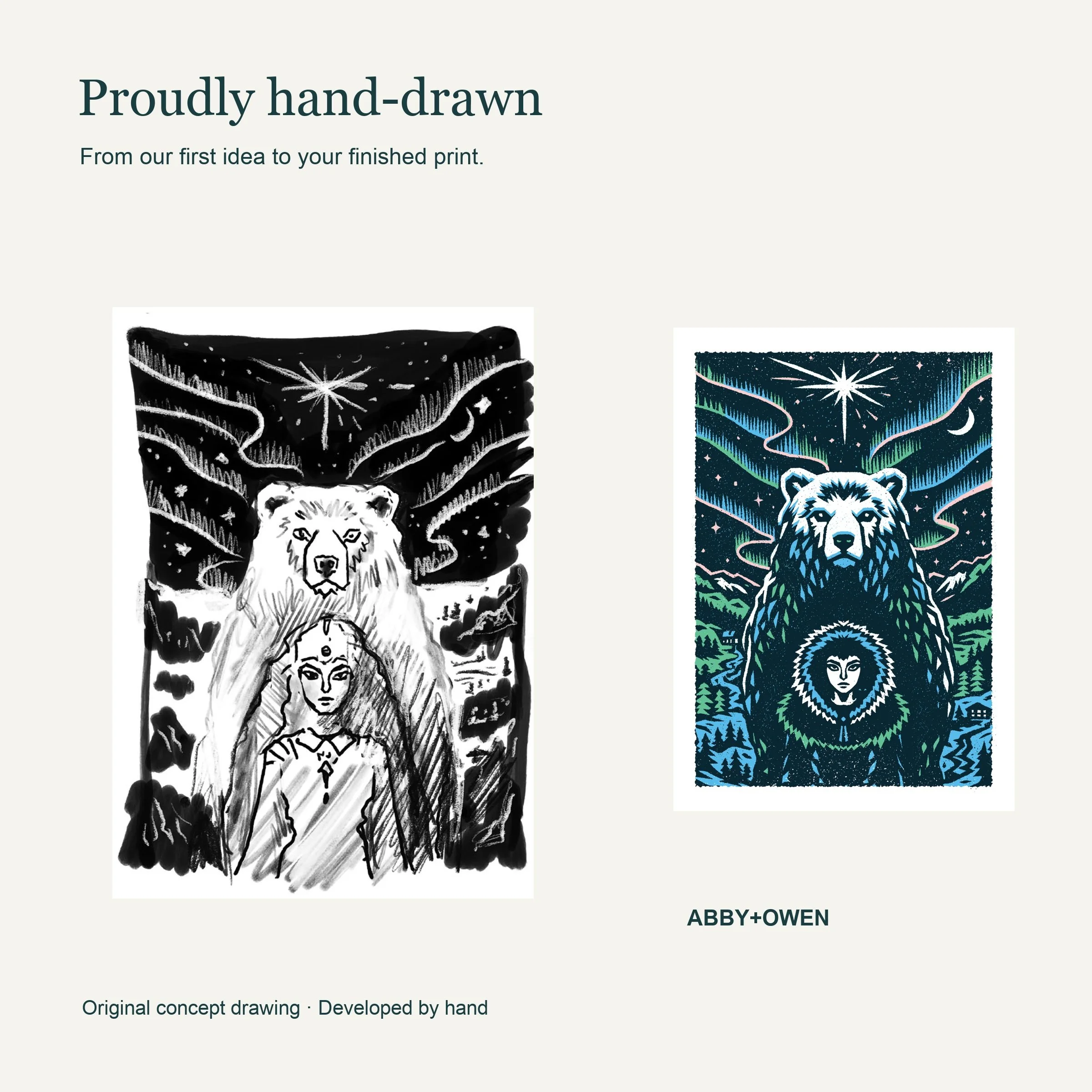 Original hand-drawn concept sketch beside the finished Between Worlds - Northern Bear Art Print illustration by Abby+Owen.