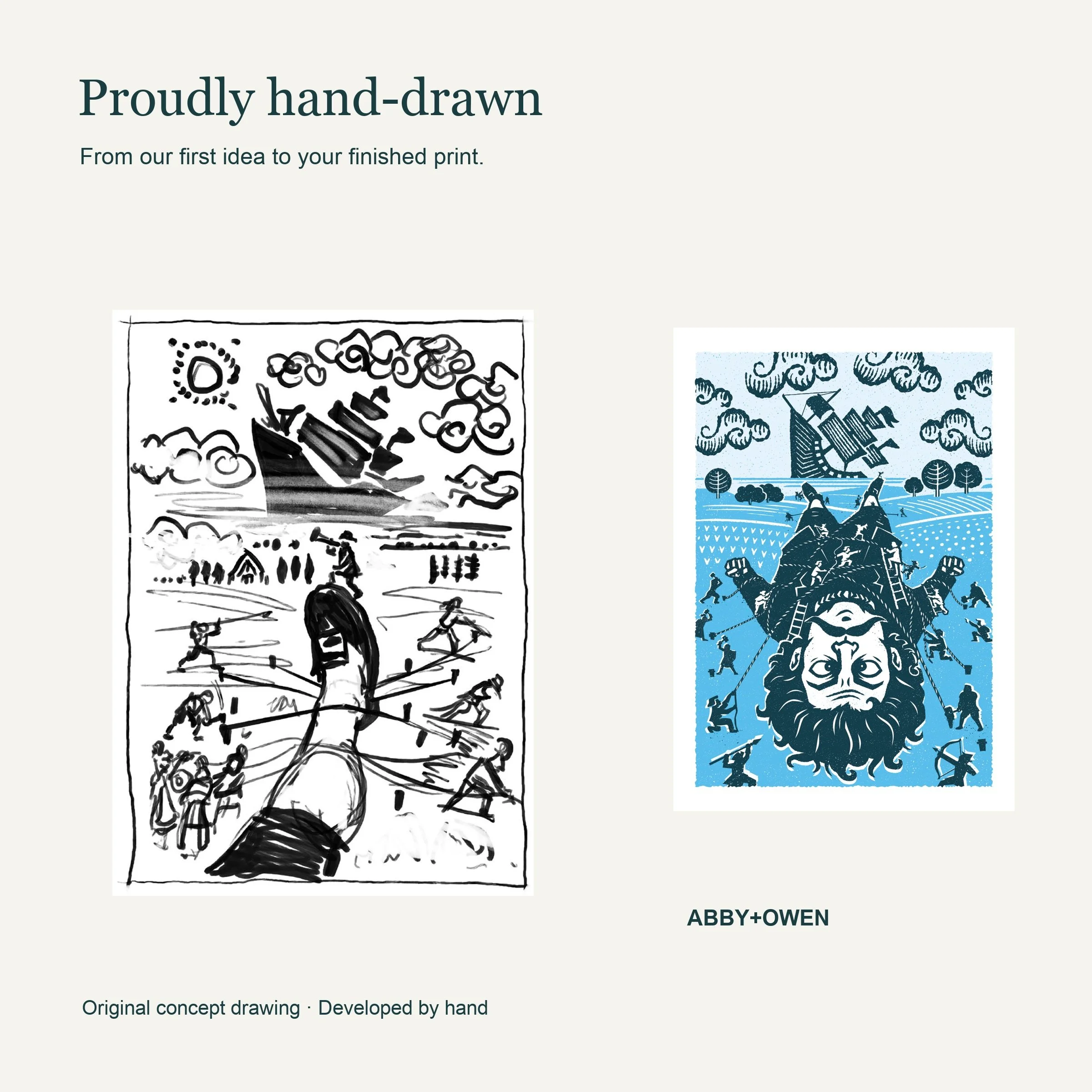 Original hand-drawn concept sketch beside the finished A Matter of Scale - Gulliver Art Print illustration by Abby+Owen.