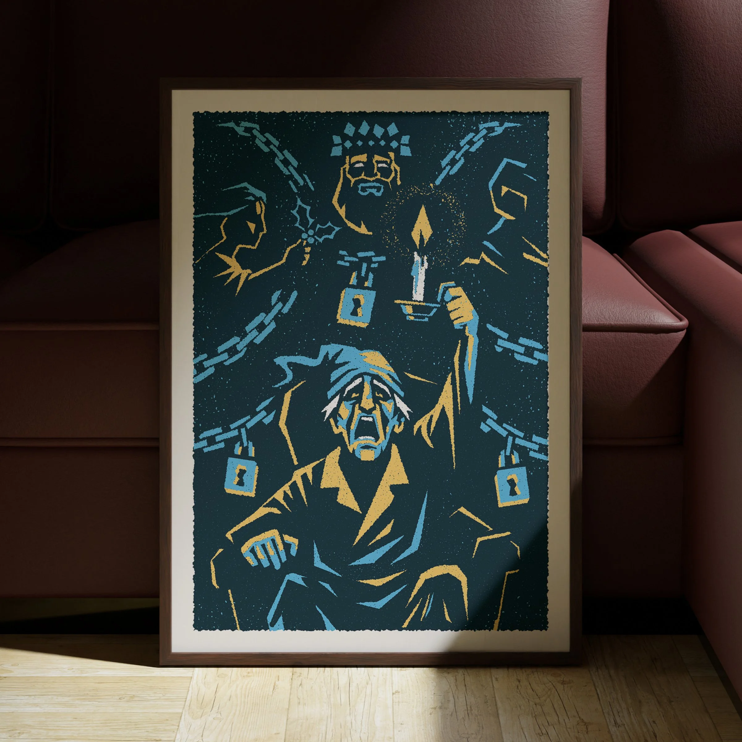 Bah Humbug - A Christmas Carol Art Print, shown in a dark frame above a warm sofa. Print supplied unframed.