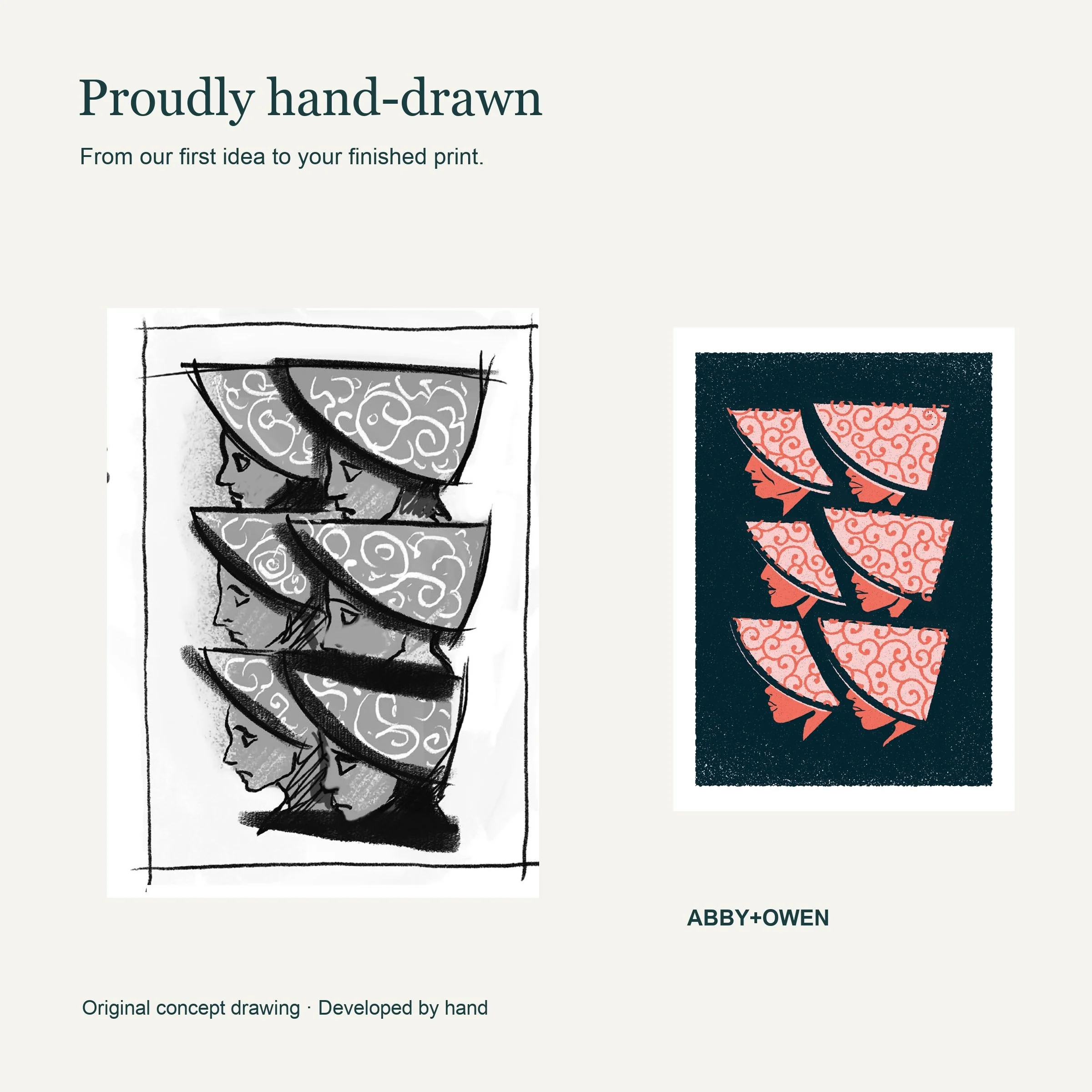 Original hand-drawn concept sketch beside the finished What Is Taken Away - Repeating Profiles Art Print illustration by Abby+Owen.