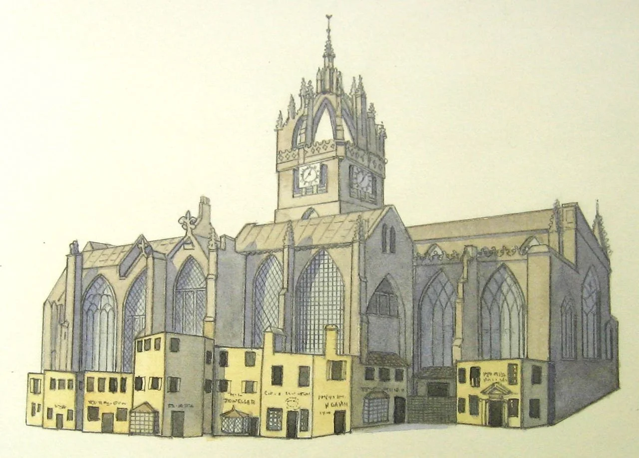 St Giles Edinburgh, with small shops in 17 century. N.T.S.