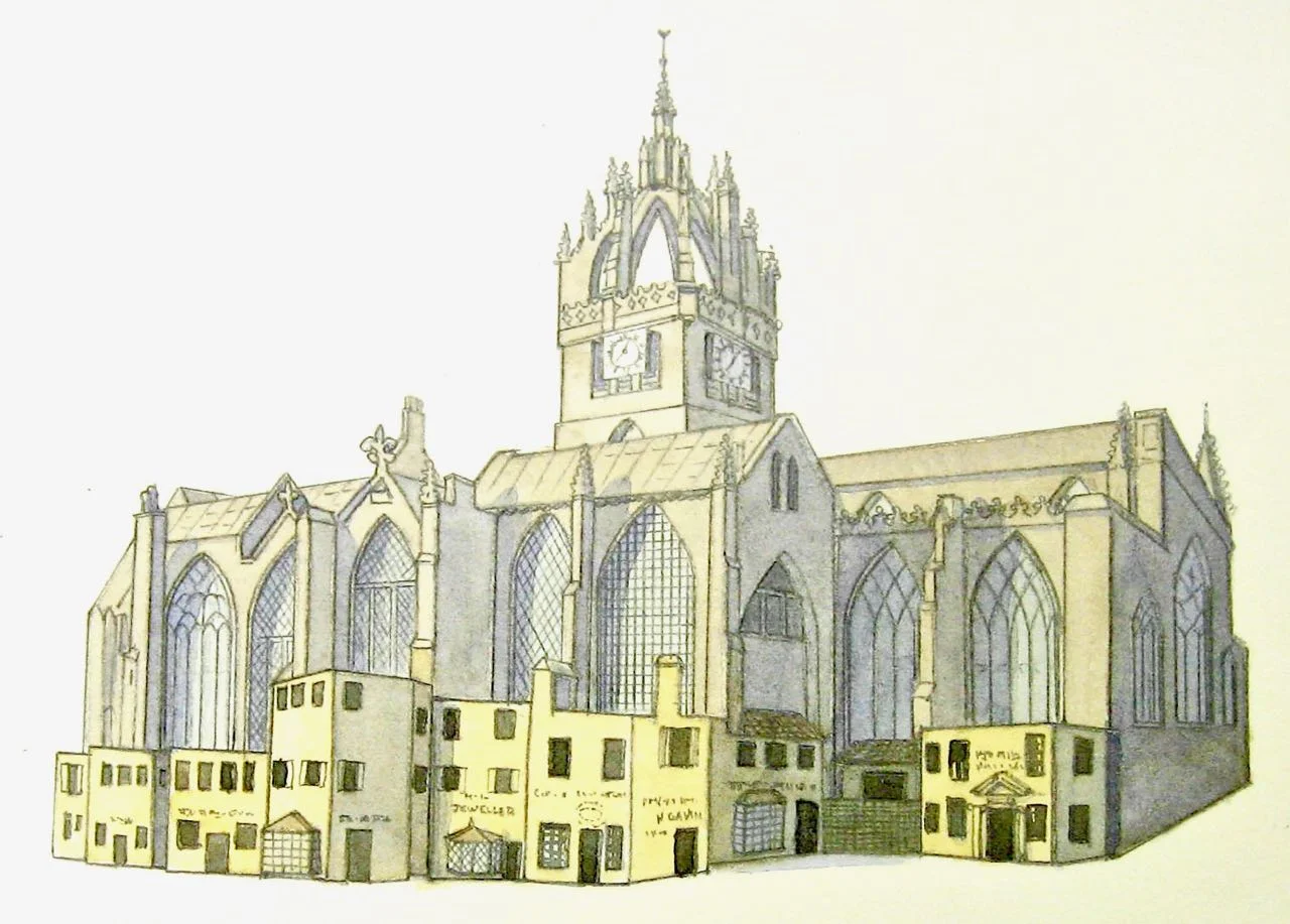 St. Giles with shops, 17th century, for N.T.S. panel at Gladstonesland