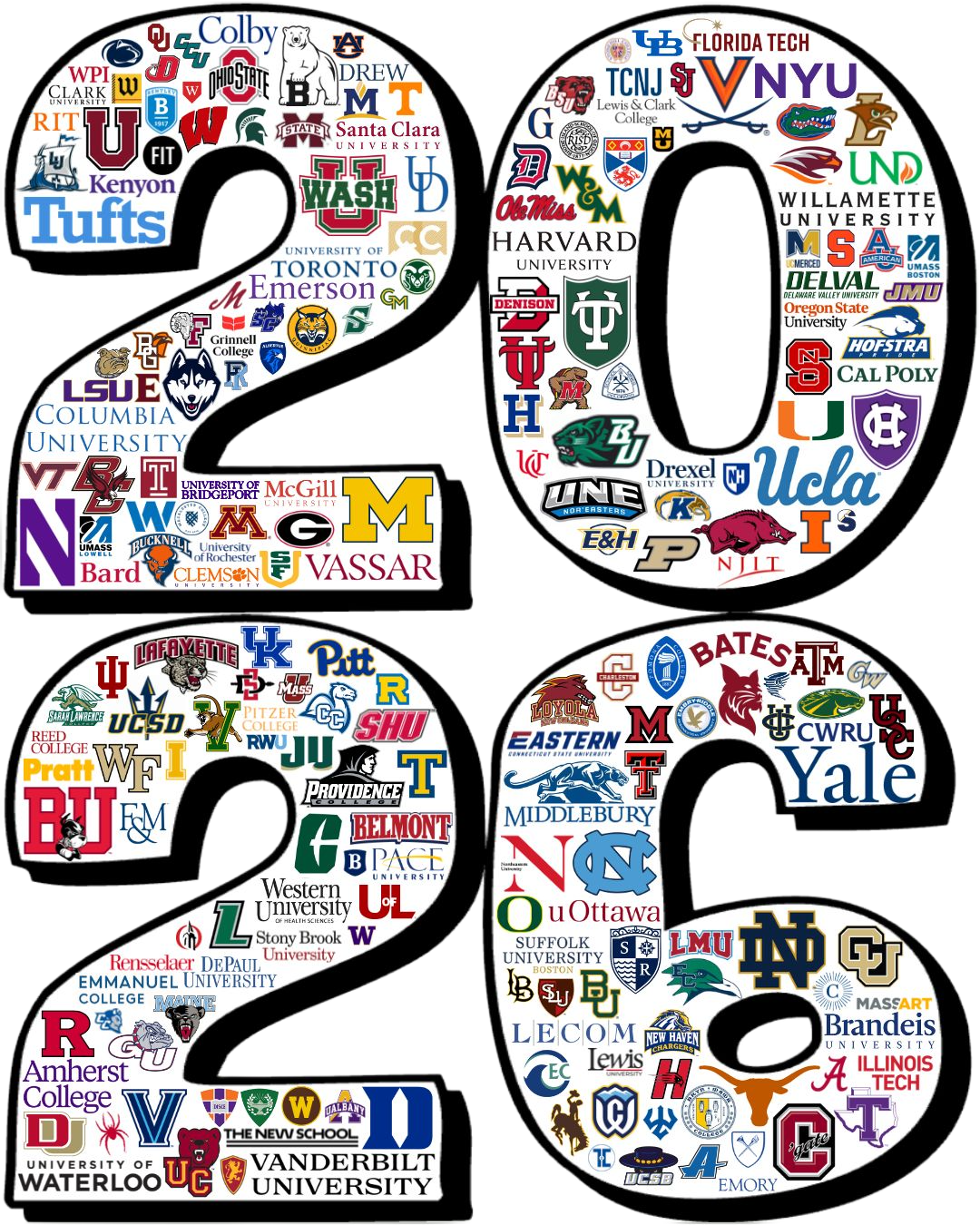 College Matters class of 2026 college acceptances, including schools like Amherst College, Boston College, Boston University, Columbia, Duke, Harvard, NYU, Northeastern, Northwestern, Tufts, UConn, UCLA, UNC Chapel Hill, UVA, Vanderbilt, Yale