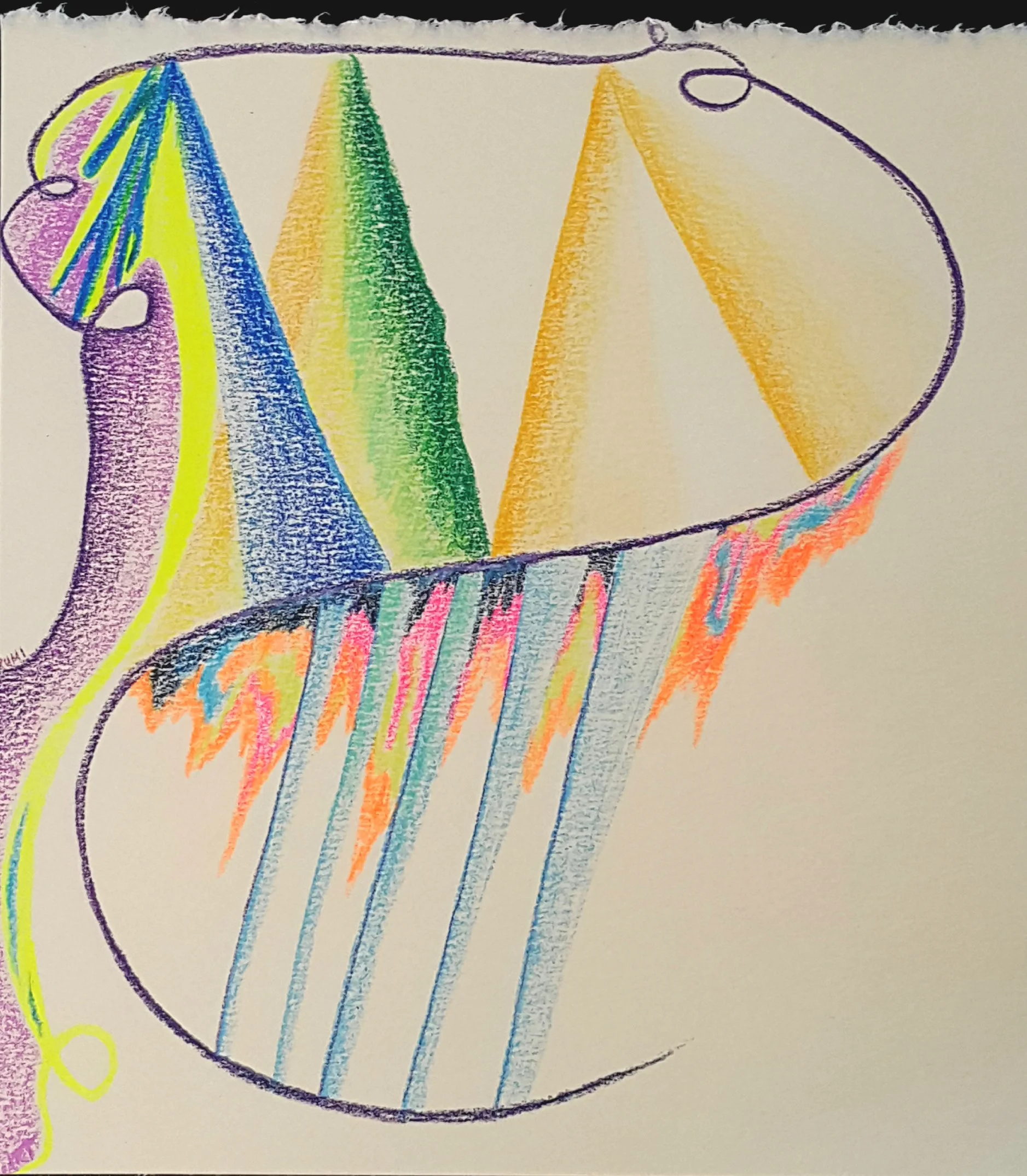 This sketch shows how Rumi brought back truths from the mountain (symbols for a higher wisdom) and communicated them (the blue lines). Much of his poetry talks about transforming the self, losing the ego in the love for the divine. This is shown in the fire and ash.