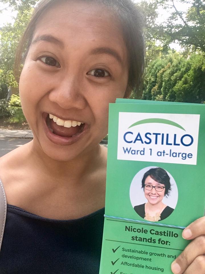 Picture provided by Helena Berbano / Helena knocking on doors for Newton City Council Candidate, Nicole Castillo