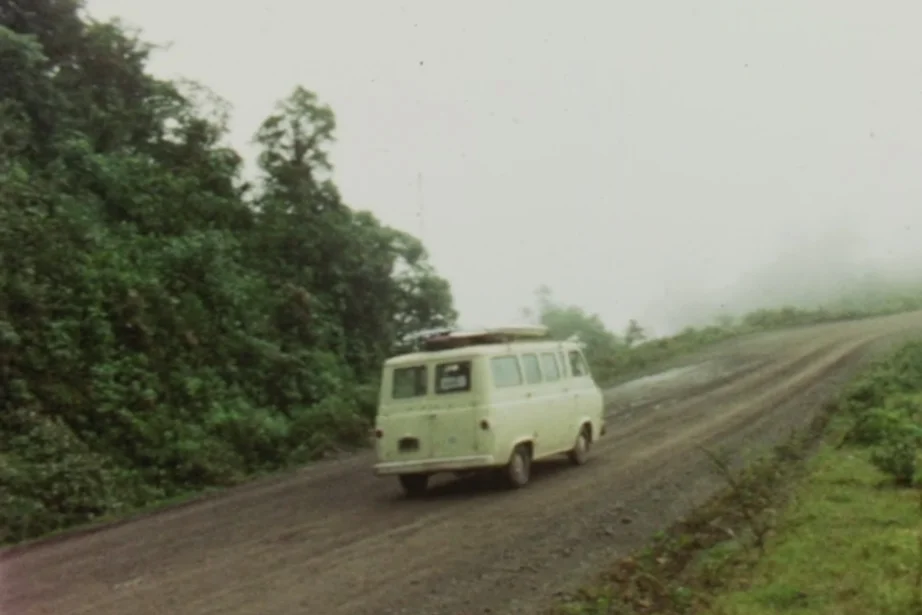 An image of an old van on the open road in Patagonia.