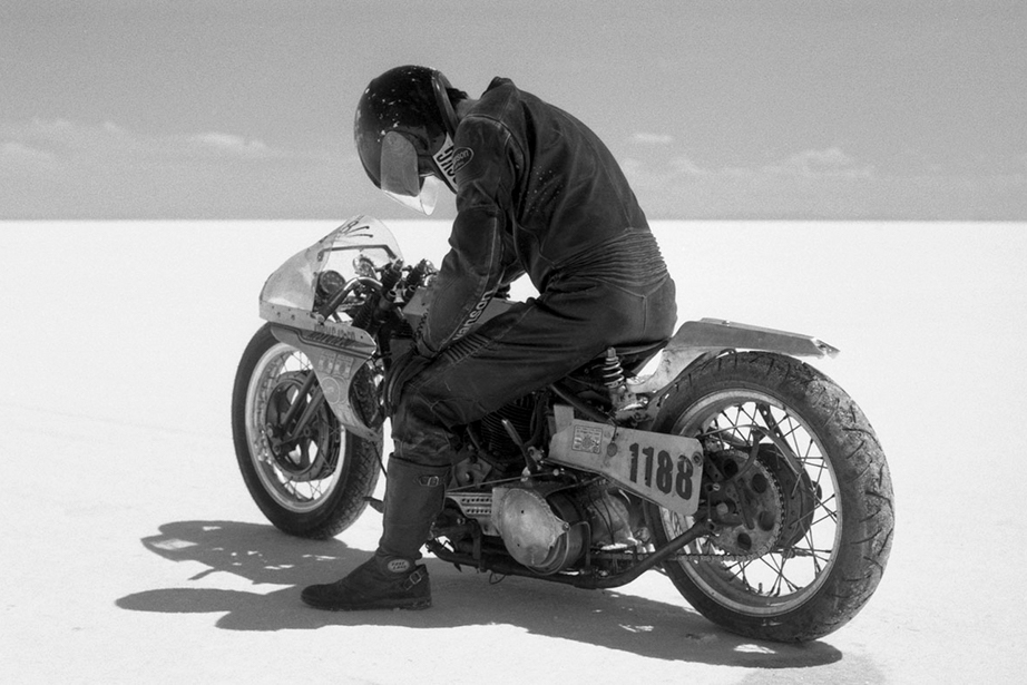 An image of a motorcycle at Bonneville Salt Flats taken from the Greasy Hands Preachers documentary.