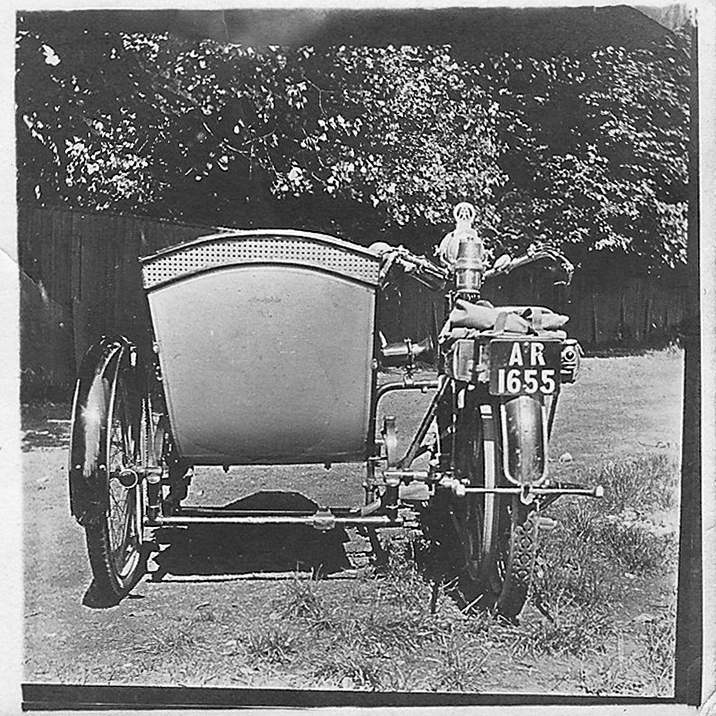 Image of Fred Watson, Ashley Watson's Great Grandfather, 1910 Triumph Motorcycle.