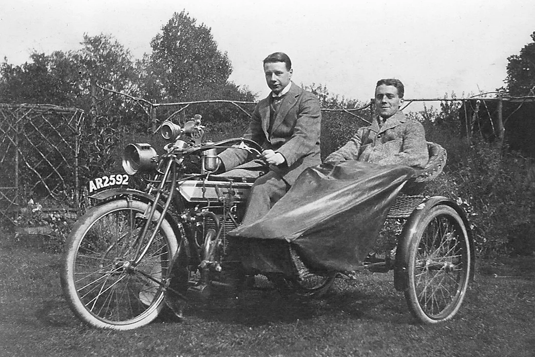Image of Fred Watson, Ashley Watson's Great Grandfather, on his 1911 Triumph Motorcycle.