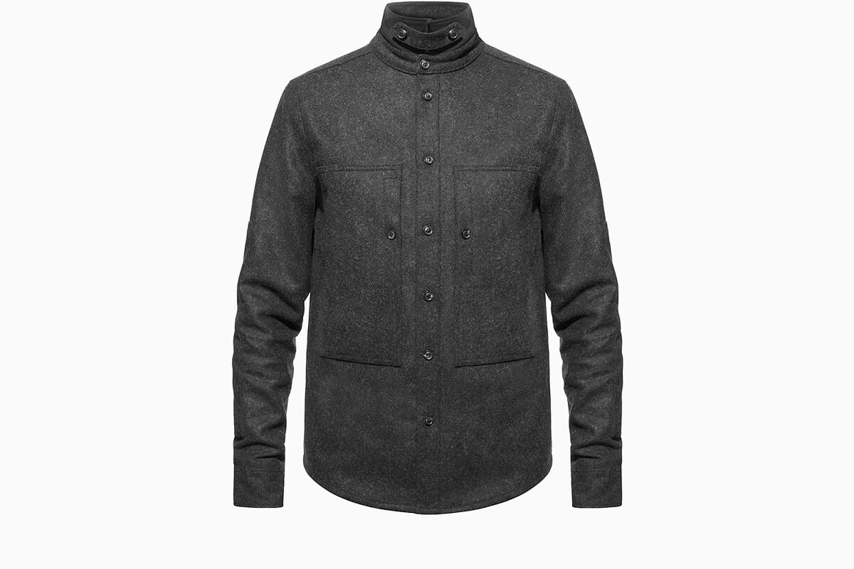 Ashley Watson - Hockliffe Overshirt - protective motorcycle overshirt - charcoal wool, front view , collar tab