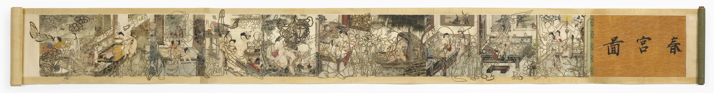 TULIPS collage on vintage Chinese scroll 9 1/2 x 72 in.2020  view in detail