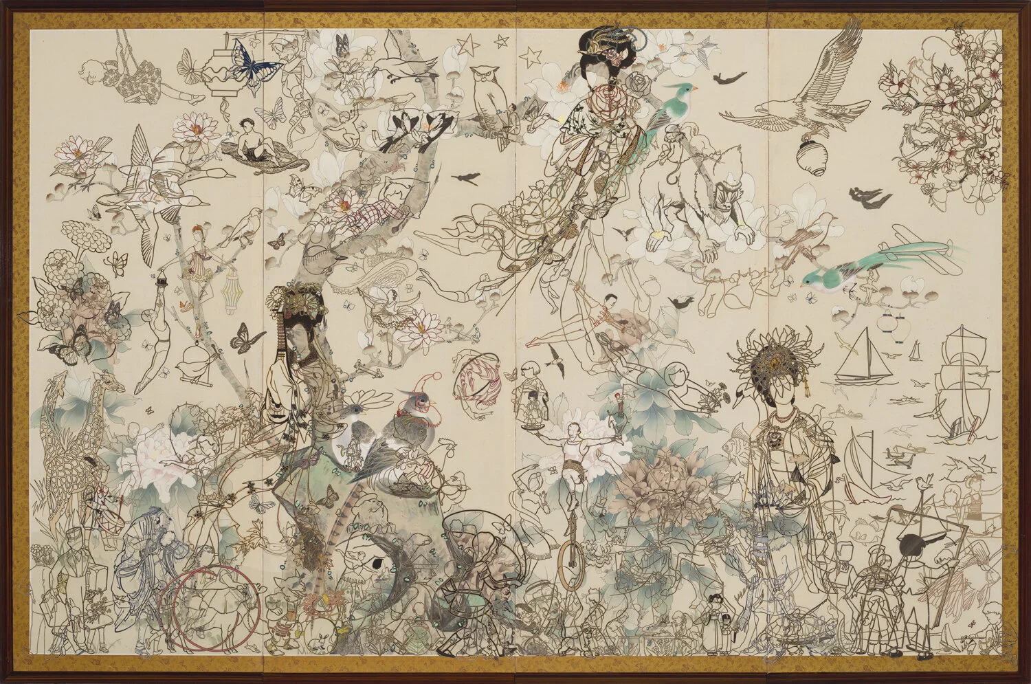 DREAMING IN THE BOUGH OF THE MAGNOLIA TREE collage on vintage Asian folding screen 48 x 72 in.2020view in detail