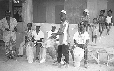 Souvenance Rada drums (Tanbou Dawòmen) along with Master Drummers from Lakou Souvenance including Alfred, George, Vernisio, and Pierre - drums (left to right) Ogan (iron bell), Gwònde; Manman (or Ountò); Katabou.