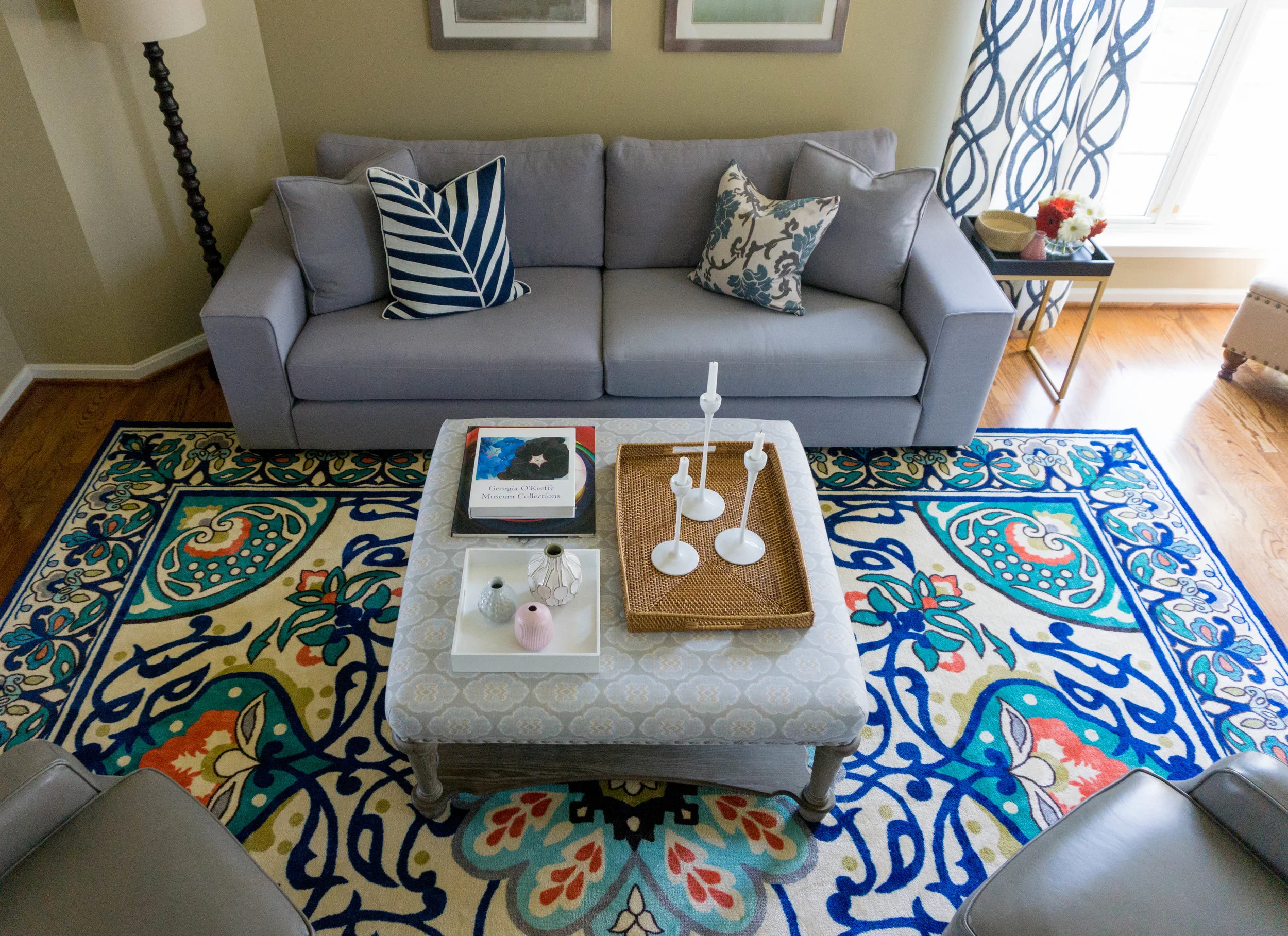 My client was not afraid of a bold, statement rug paired with a variety of patterns and textures. 