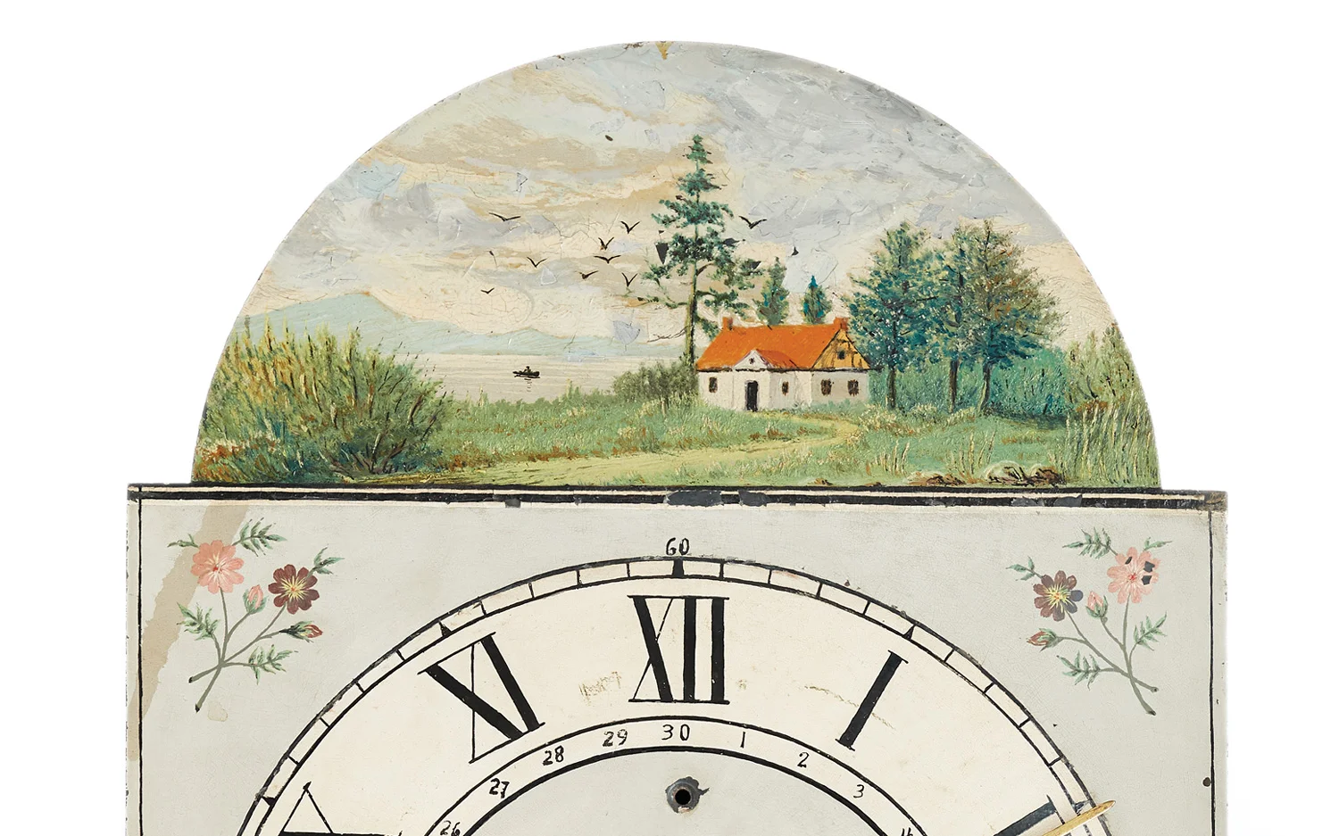 The painting appears to be a Mennonite housebarn sitting in a field amongst trees, a reminder of the family’s history in New Russia.