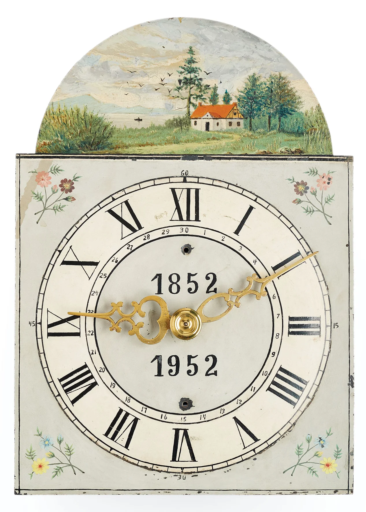 The pendulum for this clock is missing, only the face remains.