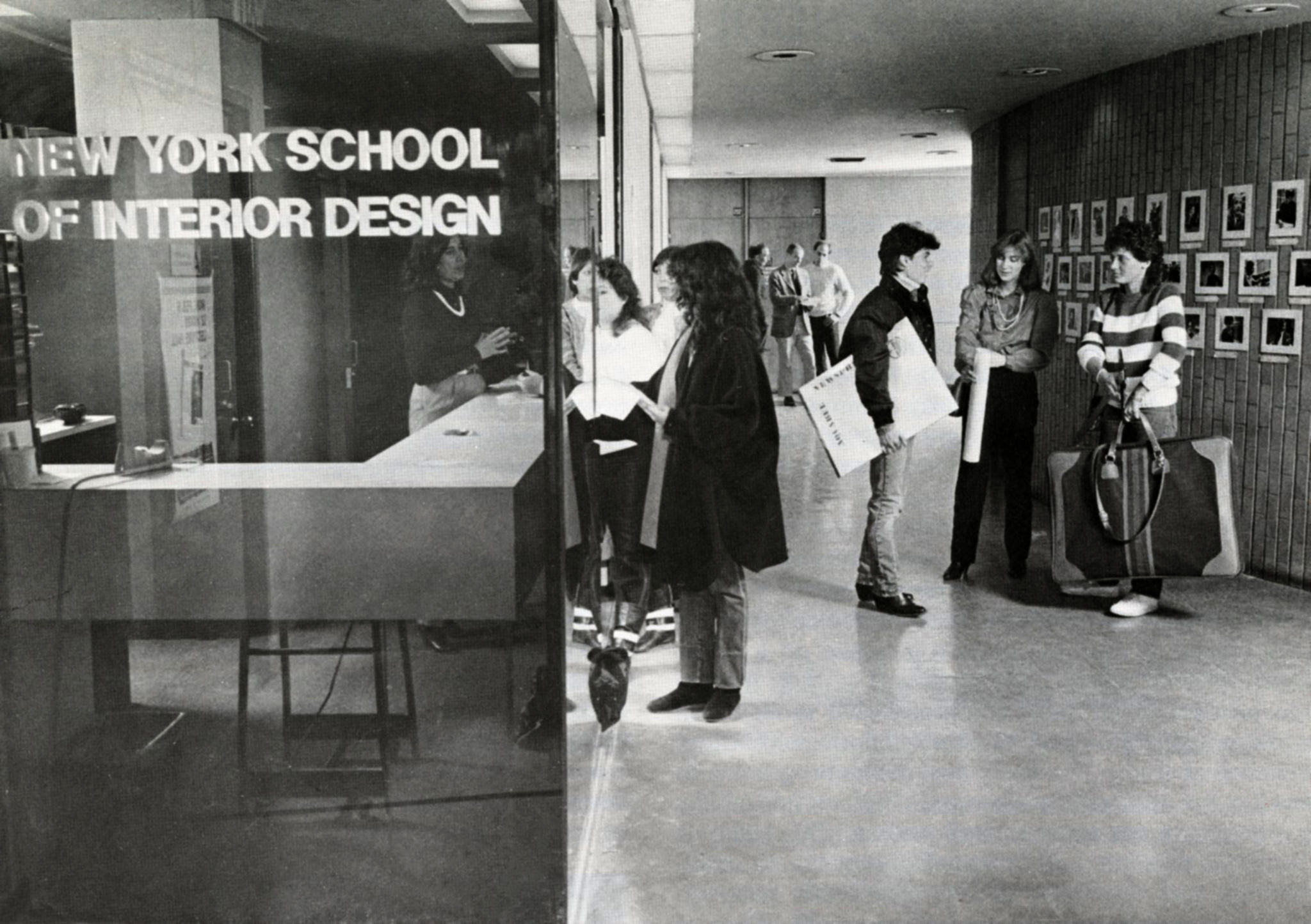 Students socializing in the lobby of 155 East 56 Street, 1984