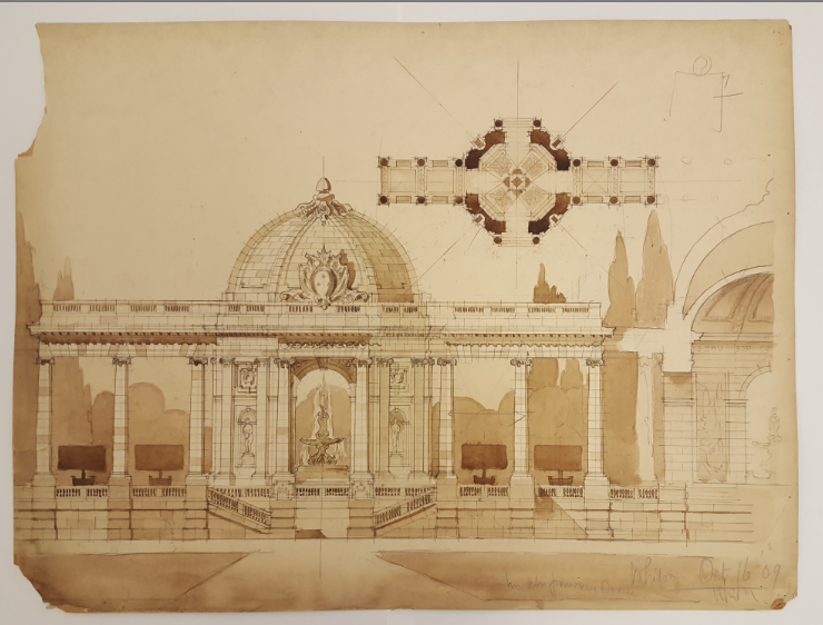 Sherril Whiton’s Student Drawings from the Ecole des Beaux Arts: In 1909, while studying architecture at Columbia University, NYSID founder Sherrill Whiton was admitted to the École des Beaux-Arts. NYSID is lucky enough to have a collection of 55 drawings from his time at the École. The one below is a design for an Amphitheatre, dated October 16, 1909. Most of the drawings are made in pencil on trace with brown ink wash., and many of them are accompanied by brief descriptions of the assignment, and are dated and graded by the École instructors.