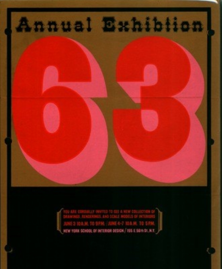 Student Exhibition iIvitations: Annual end-of-year student exhibitions began in 1938. Gilbert Werlé (assistant to Sherrill Whiton and dean from 1931-1972, co-director from 1972-1973) was the coordinator for these events. Exhibitions were advertised in magazines like Interiors, as well as local newspapers, and the graphics and typography of the invitations are worthy of admiration in their own right. Above is the invitation for the 25th anniversary exhibit. The press release states: “More than 140 exhibits of renderings and scale models are displayed, depicting such diverse settings as executive offices; airline and steamship ticket sales offices; apartment house lobbies; and specialized city and country interiors. The presentations represent the work of 103 students comprising the Design Department of the New York School of Interior Design, the oldest school in the country (founded in 1916) devoted exclusively to the study of interior design & decoration”.