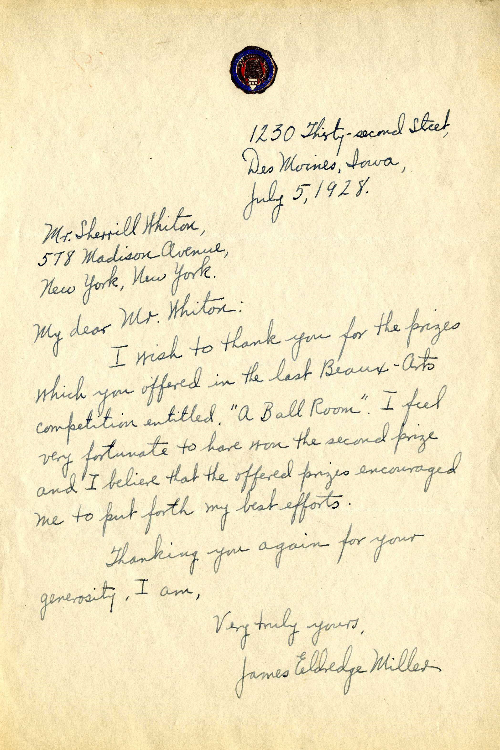 Sherrill Whiton Correspondence: In addition to being a leading educator in the field of interior design, NYSID founder Sherrill Whiton was also a benefactor. This 1928 letter was written to Whiton to thank him for sponsoring the recent Beaux-Arts Institute’s annual design competition. The Institute, of which Whiton was a long-time member, was formed in 1914 by former students of the Ecole des Beaux Arts in Paris who wanted to bring the Ecole’s standard of architectural education to the United States. The Institute taught classes in architecture as well as mural painting and sculpture, and held an annual design competition. 