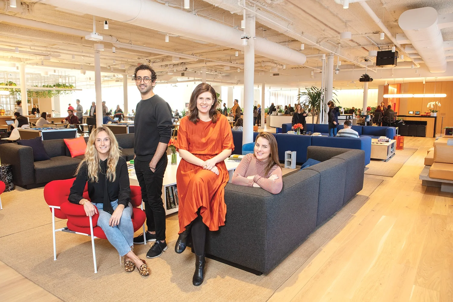 NYSID alumni at the WeWork headquarters in Chelsea, New York City. L to R: Catherine Ward ’15 (MFA-1), Matthew Giampietro ’14 (MFA-1), Ilona Birnberg ’09 (BFA), and Alicia Cargo ’16 (MFA-1). Photo: Matthew Septimus