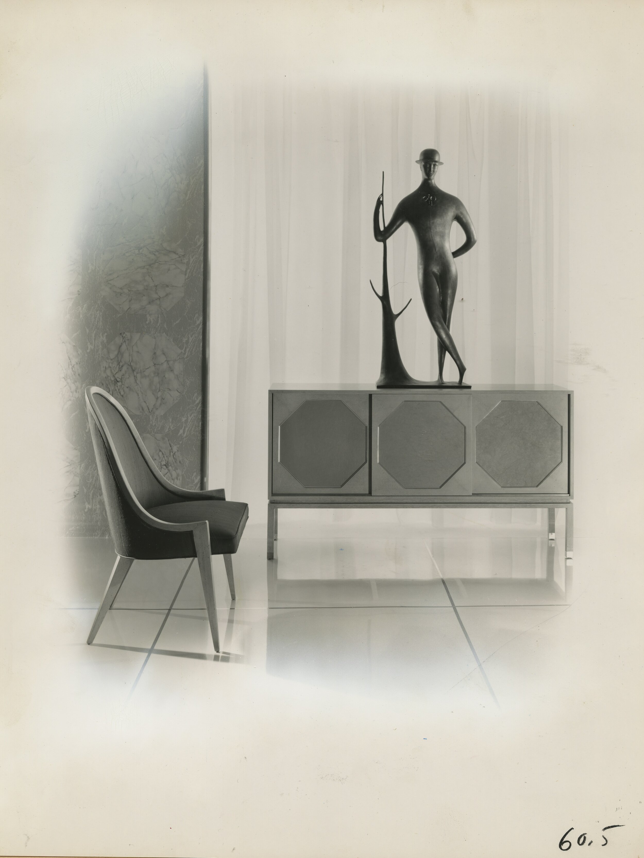Harvey Probber furniture in D&amp;D Building showroom, with Elie Nadelman sculpture, c. 1952.