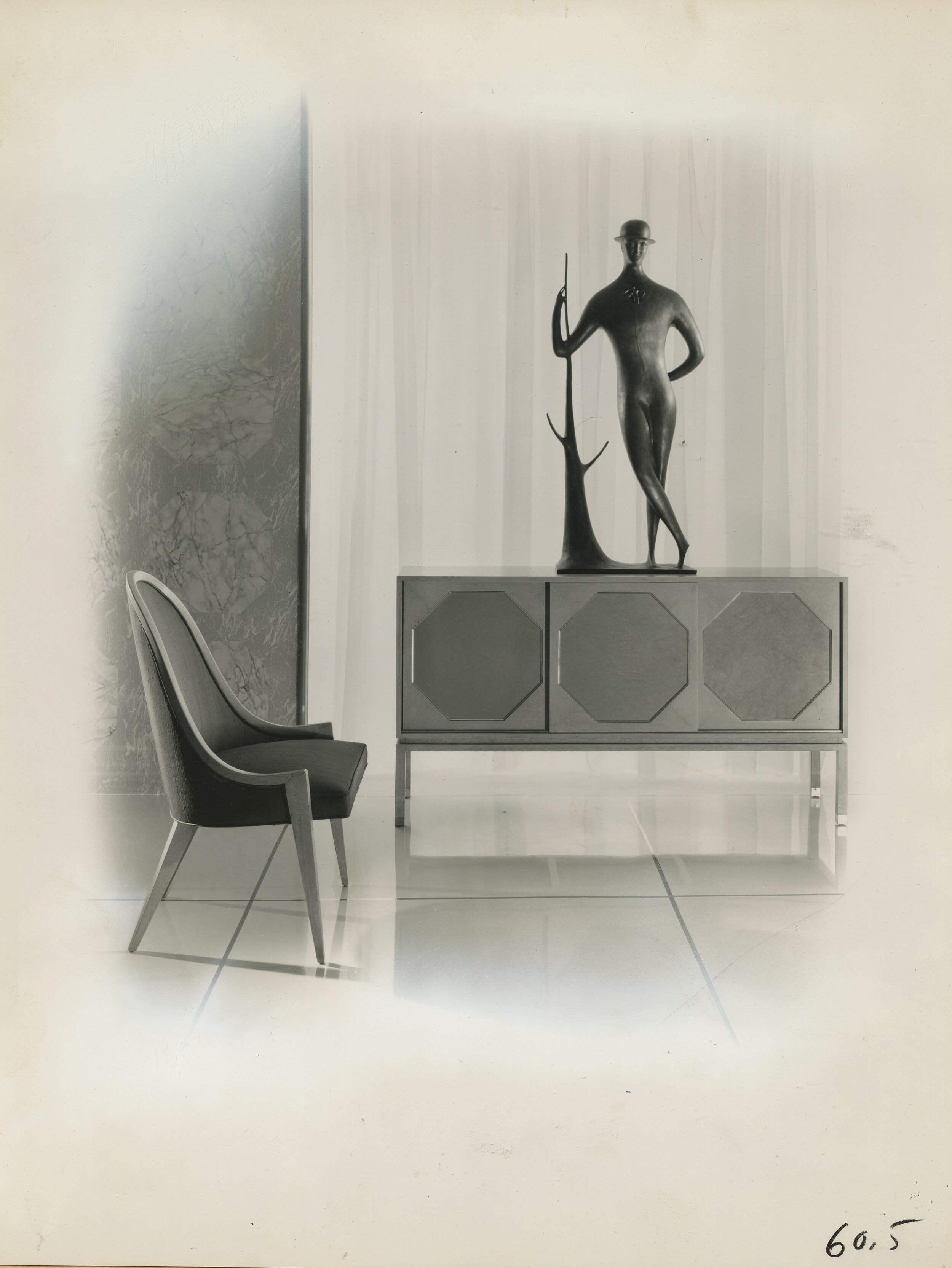 Harvey Probber furniture in D&amp;D Building showroom, with Elie Nadelman sculpture, c. 1952. 