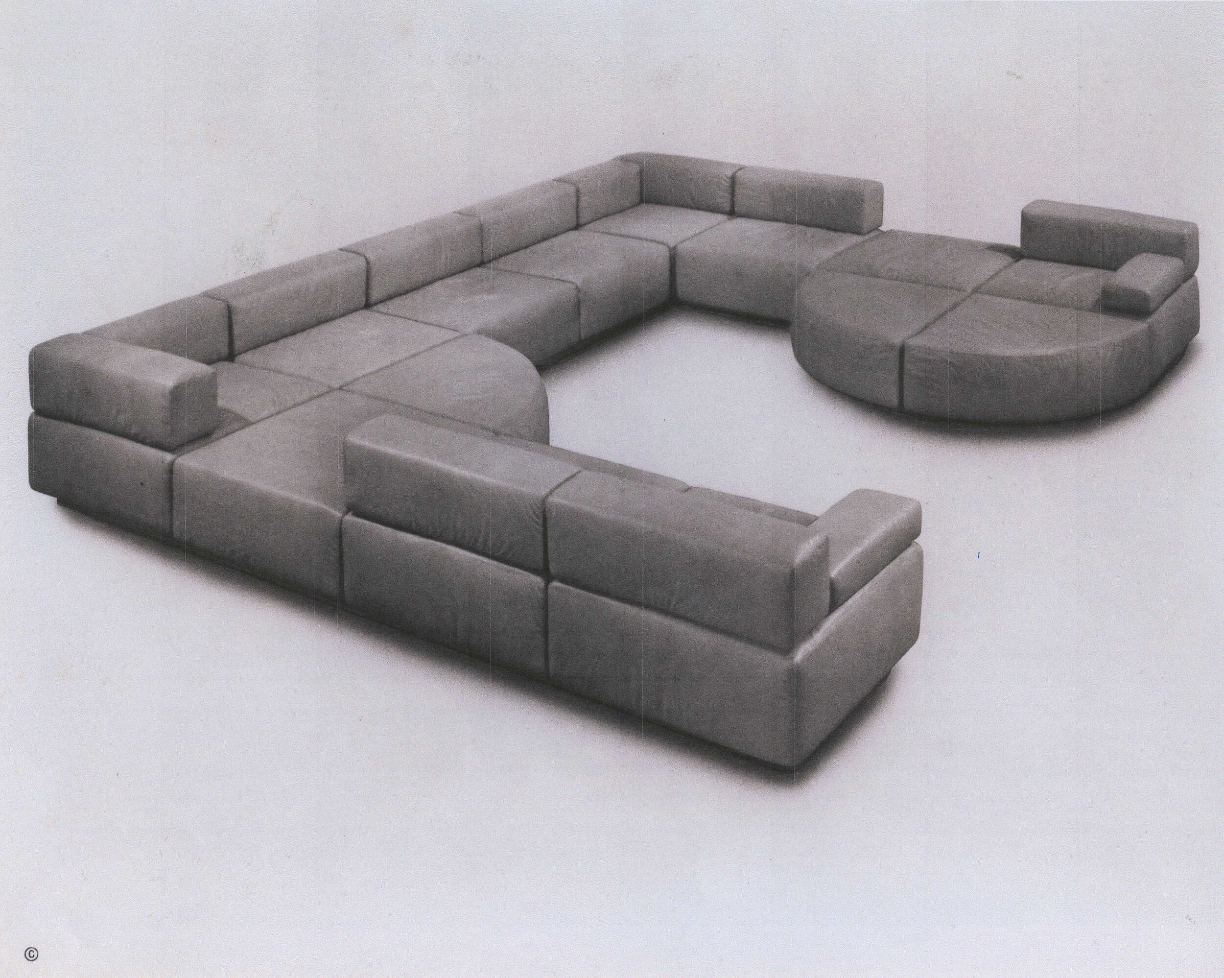 Cubo modular seating collection, steel-reinforced foam squares and quadrants that can be rearranged in different configurations and mounted on either legs or bases, 1972.
