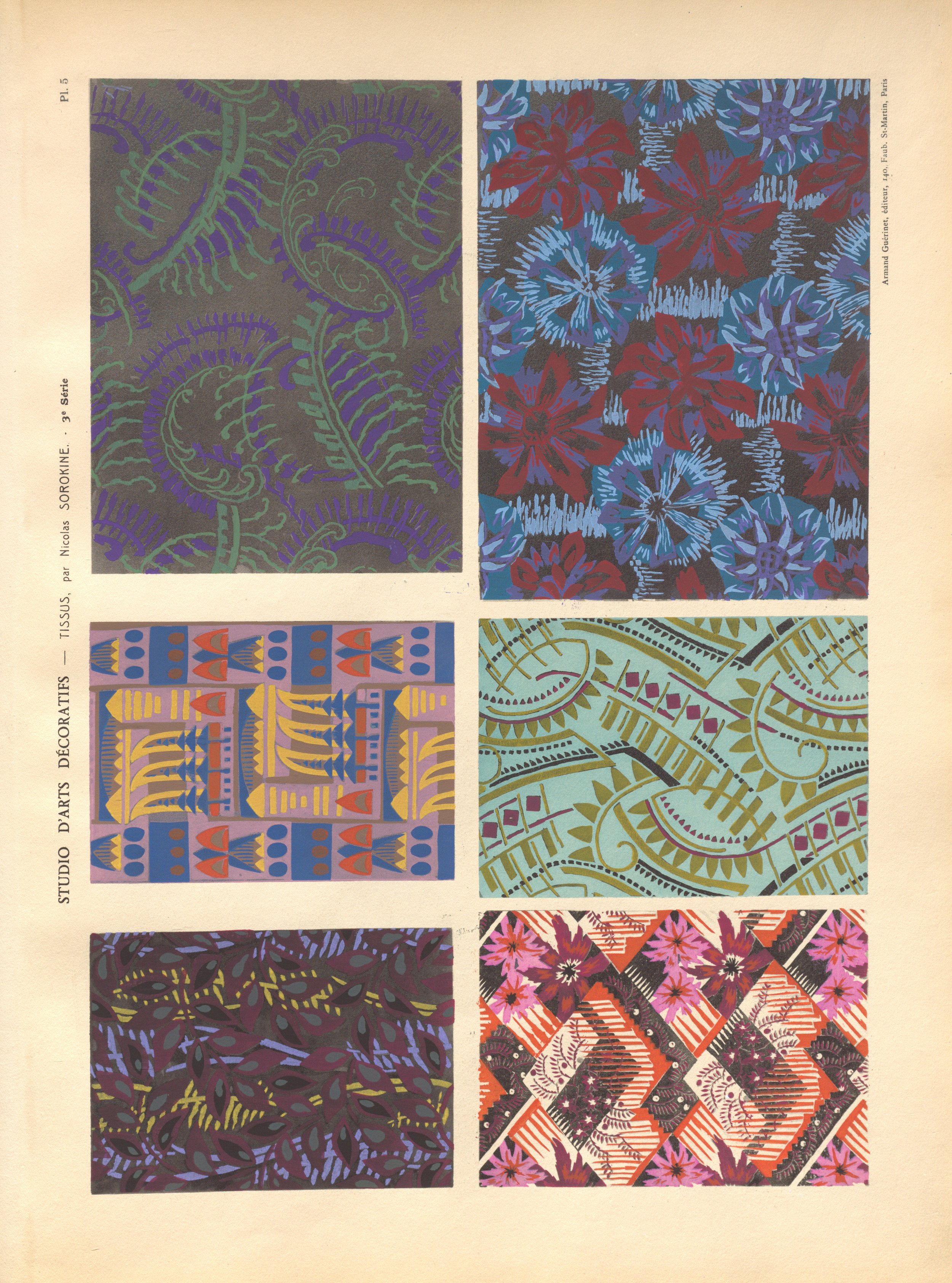 Studio d’Arts Décoratifs: Tissus, Series 3, Plate 5, Nicolas Sorokine, ca. 1930s, 12 in x 15.75 in, Pochoir Published by Armand Guérinet (French, active ca. 1890–1920) NYSID Rare Books Collection