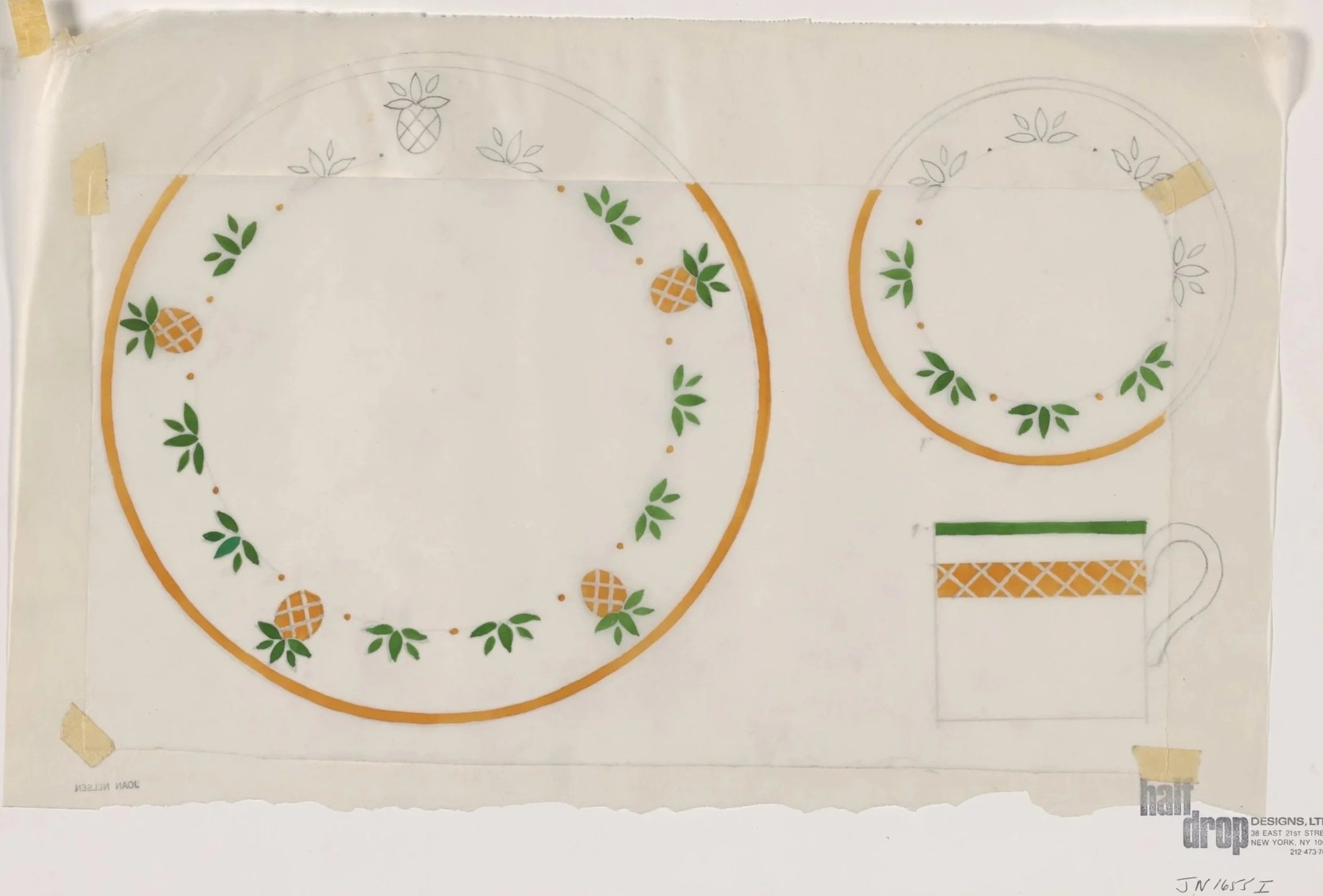 Plate and Saucer Working Drawing (Pineapple) for&nbsp;Unknown, Joann Nelsen, ca.1970s-90s, Gouache on paper&nbsp;