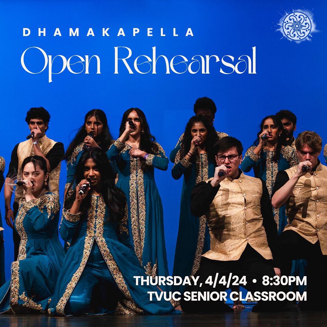 Dhamakapella invites you to come see our 2024 competition set this Thursday (4/4) at 8:30 PM in the Tinkham Veale University Center Senior Classroom! We are less than two weeks away from All-American Awaaz &mdash; the National South Asian A Cappella 