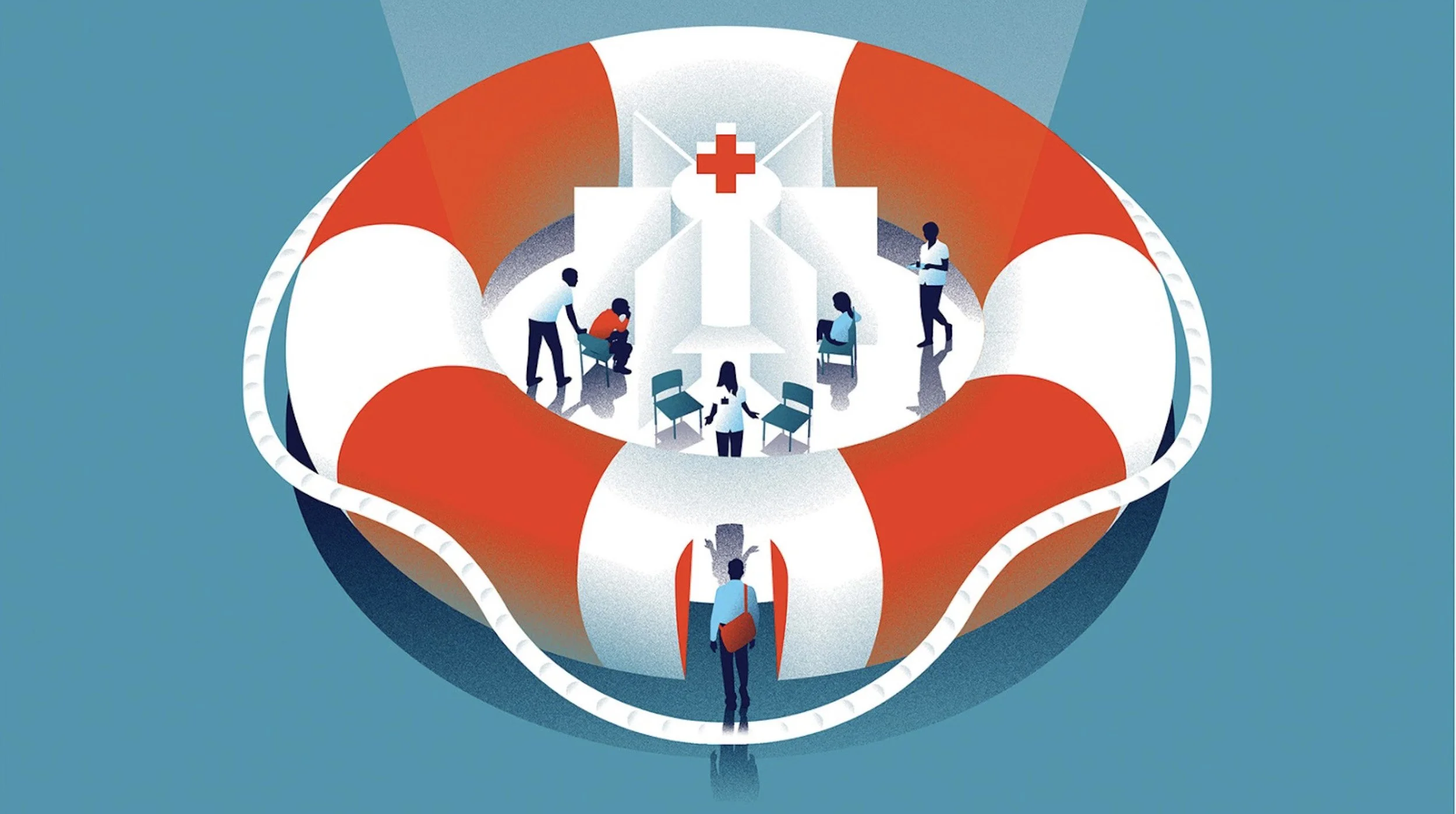 Conceptual medical illustration for Broadview Magazine titled Saving Lives, depicting clinical intervention and healthcare hope by Neil Webb