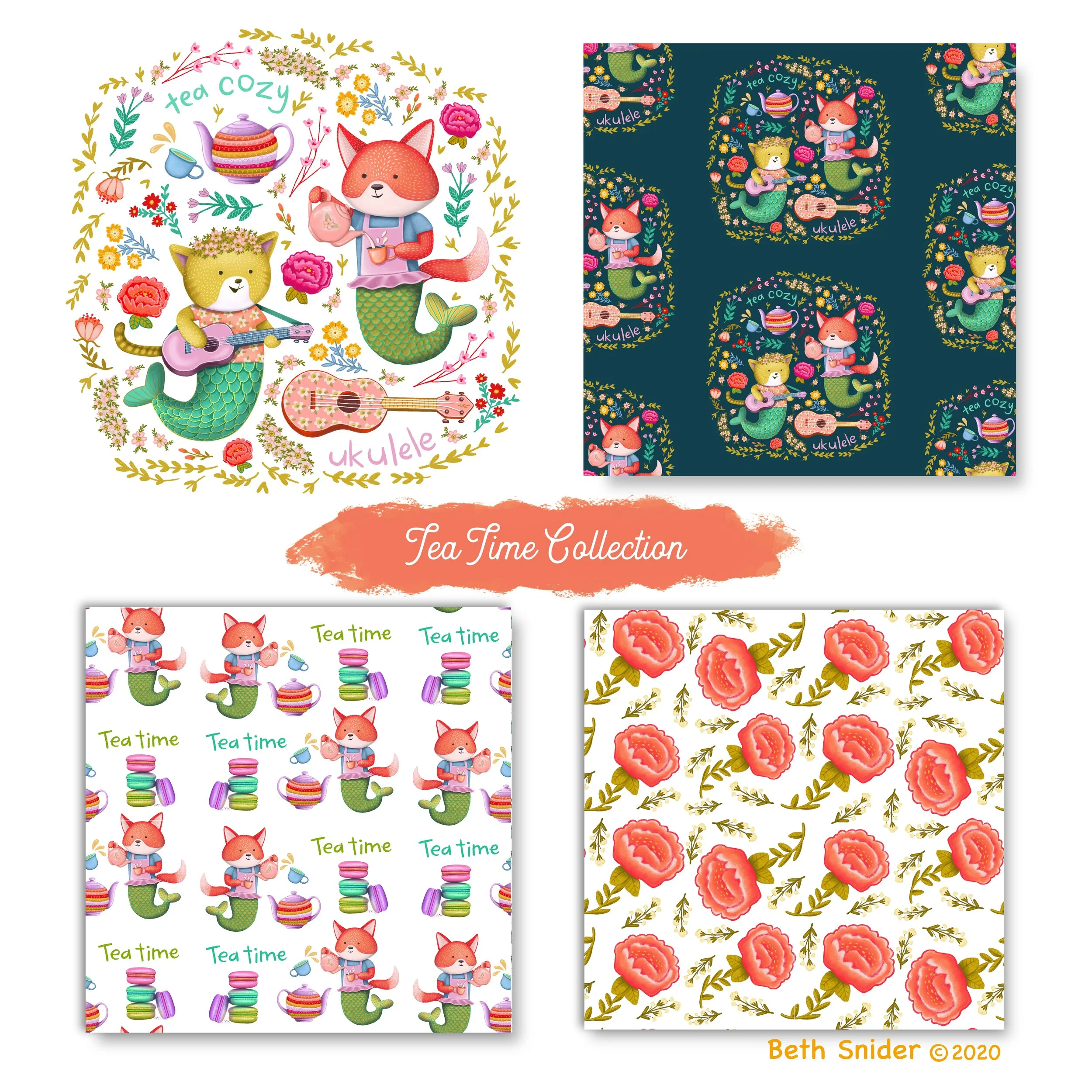 ‘Tea Time’ Collection Includes: Main Illustration 20x20” PNG/TIFF; 5 ready-made coordinating 10x10” Pattern Tiles; Color Profile: RGB; Available Files: JPEG, PSD, PNG, TIFF High Resolution Files