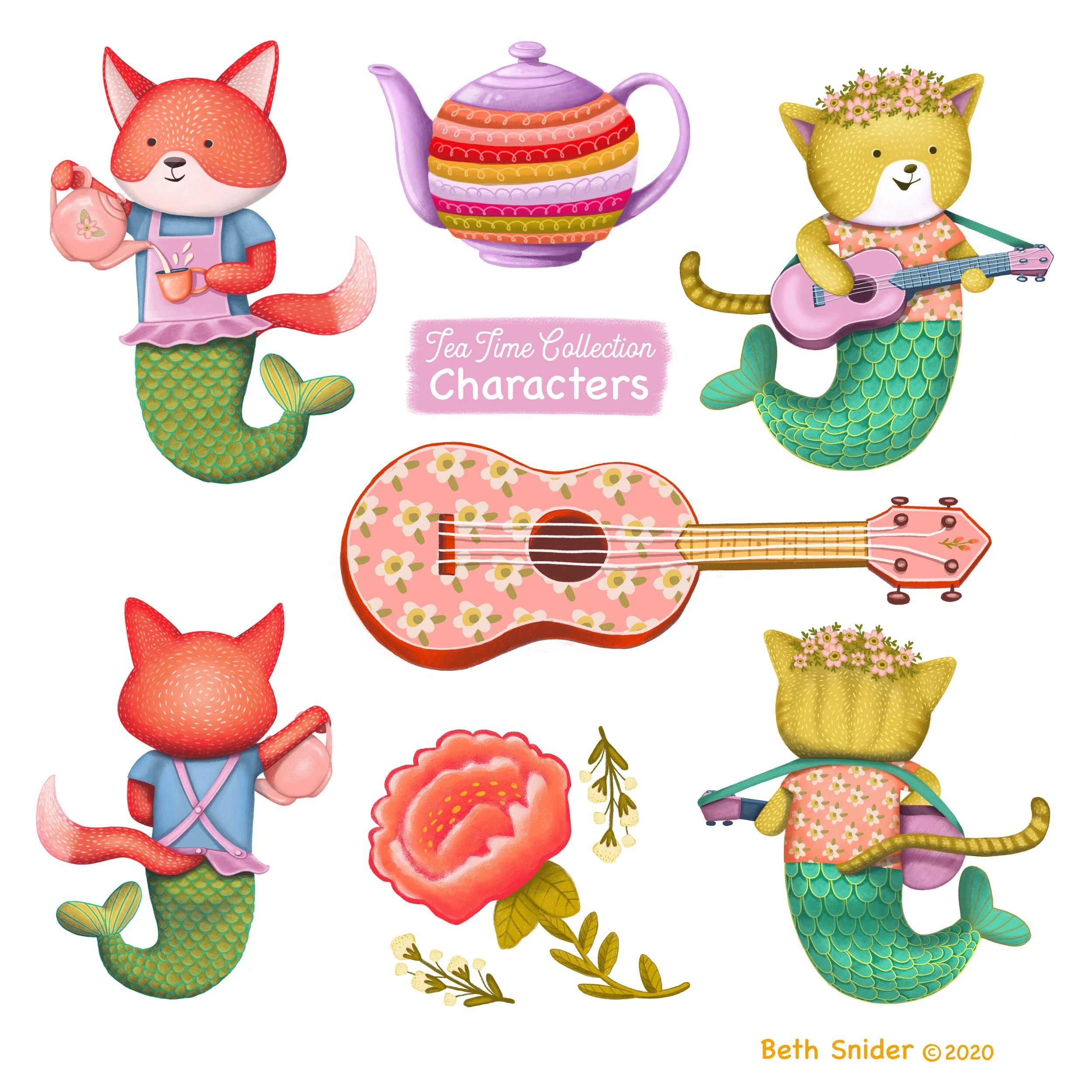 ‘Tea Time CHARACTERS’ Collection Includes: All individual Illustrations on their own 20x20” File PNG/TIFF; Color Profile: RGB; Available Files: JPEG, PSD, PNG, TIFF High Resolution Files
