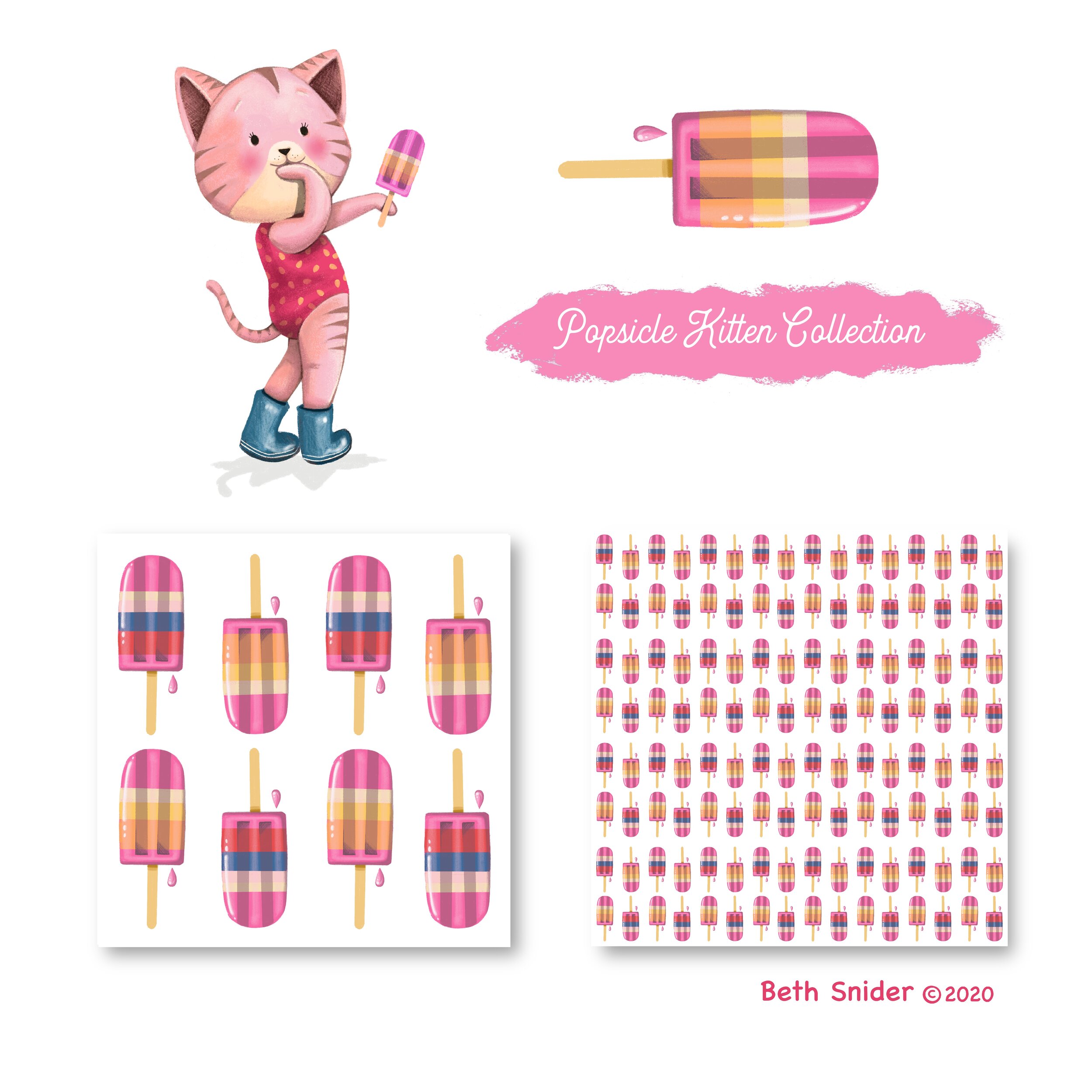 ‘Popsicle Kitten’ Collection Includes: Main Character Illustration 20x20” PNG/TIFF; 1 Character with Popsicle Illustrations 20x20” PNG/TIFF; 1 ready-made coordinating 10x10” Pattern Tile; Color Profile: RGB; Available Files: JPEG, PSD, PNG, TIFF Hig…