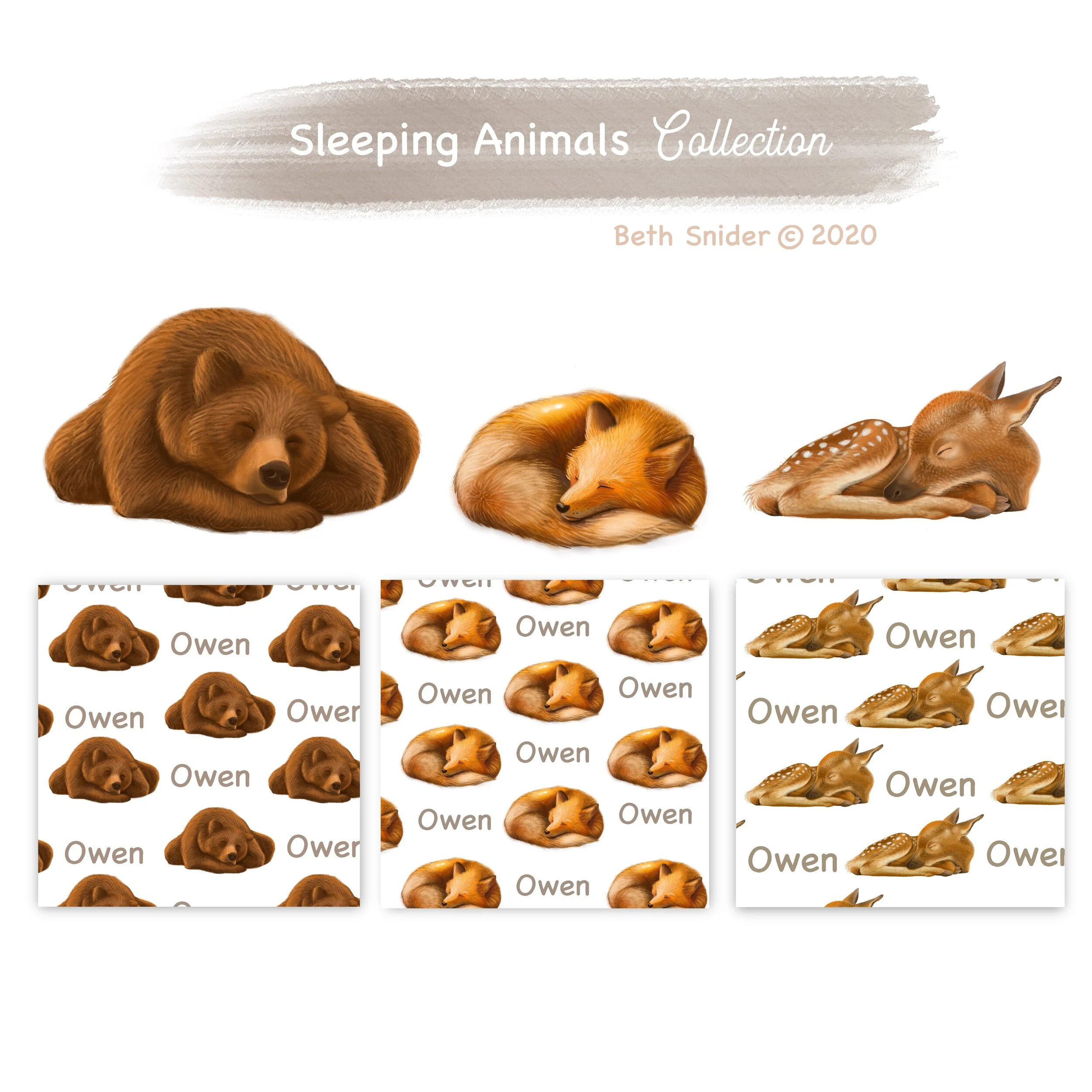 ‘Sleeping Animals’ Collection Includes: 3 individual Character Illustrations each on their own 20x20” File PNG/TIFF; Patterns are for sample only; Color Profile: RGB; Available Files: JPEG, PSD, PNG, TIFF High Resolution Files