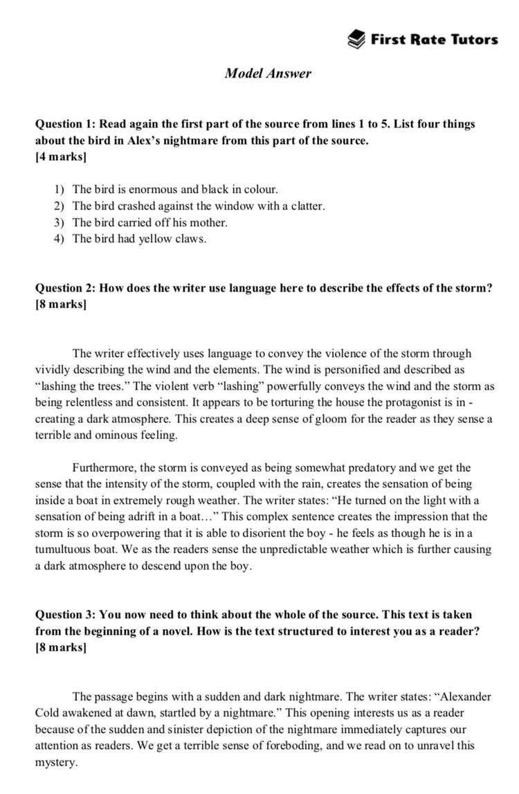 Gcse English Language Paper 1 Model Answers First Rate Tutors