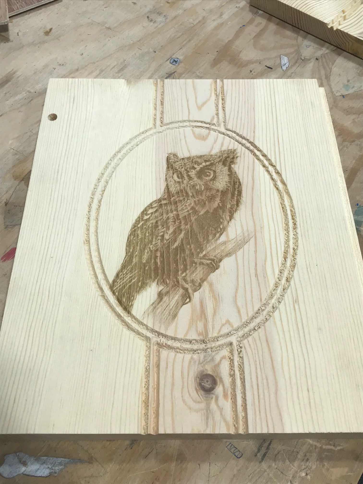 Students laser engraved images of the owl on the side of the birdhouse to add a uniqueness to the nesting box.