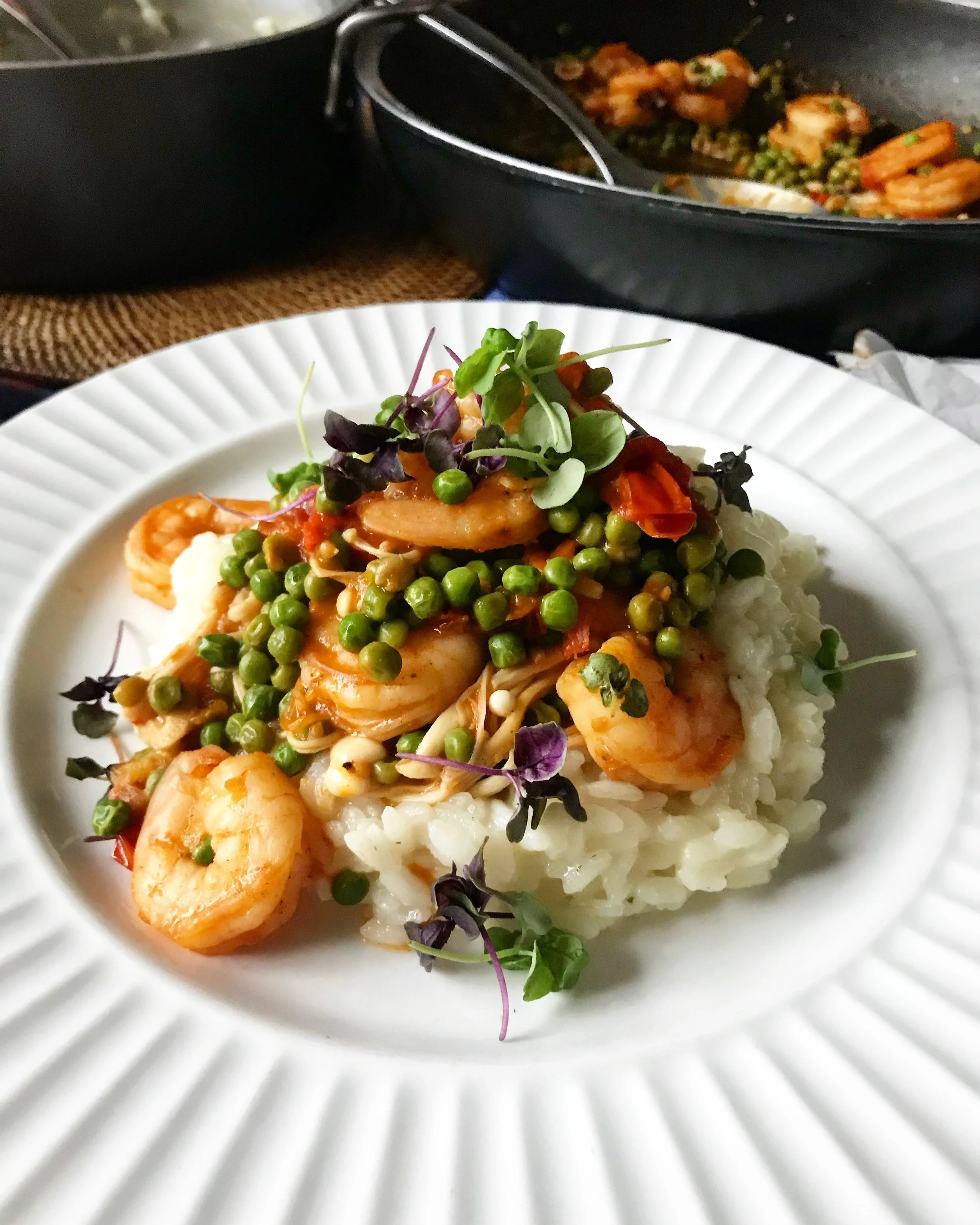 RISOTTO TOPPED WITH PEAS AND SHRIMP